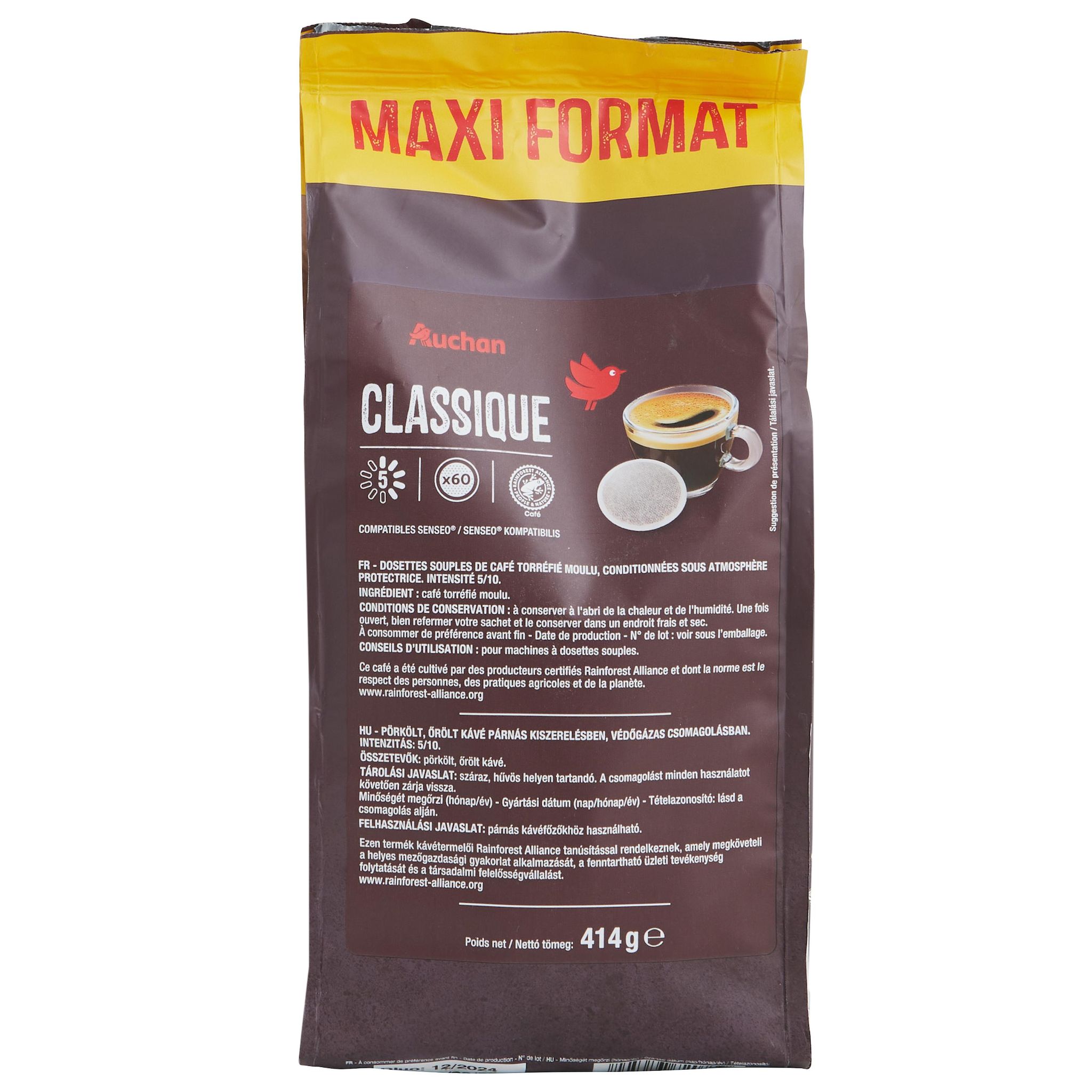 Voir la diapositive 3 : AUCHAN Dosettes de café classique intensité 5 compatibles Senseo 60 dosettes  414g