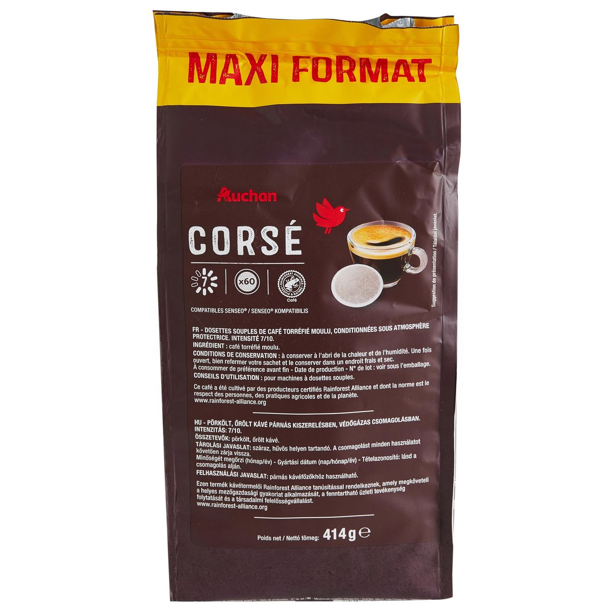 AUCHAN Dosettes de café corsé intensité 7 compatibles Senseo 60 dosettes 414g