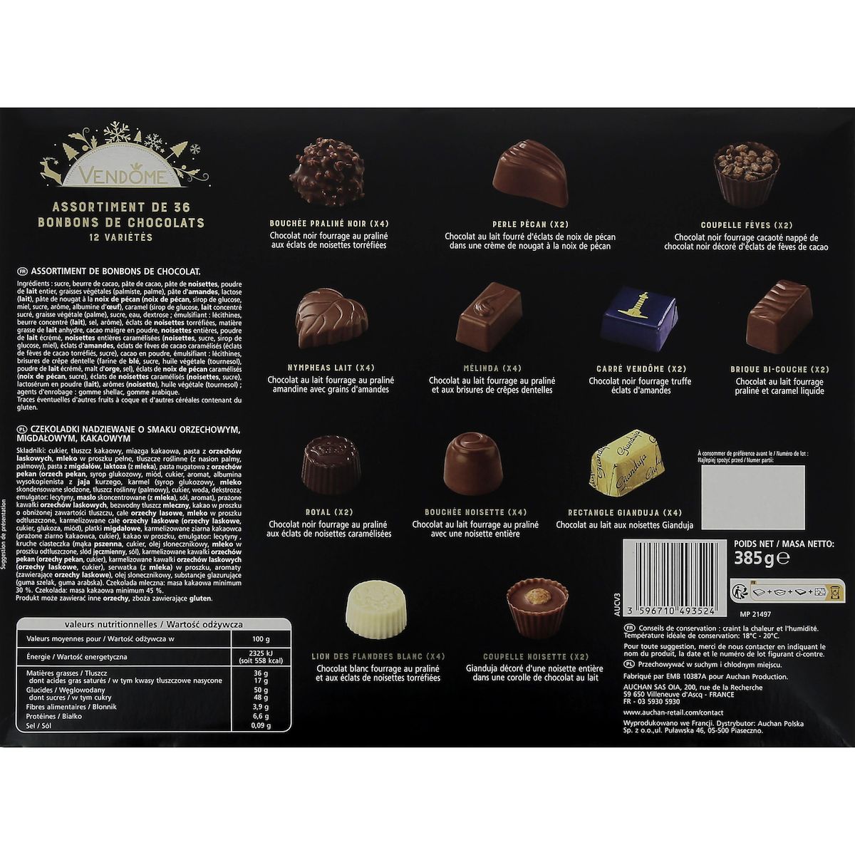VENDOME Place Vendôme assortiment de chocolats au lait noir et blanc 36 pièces 385g