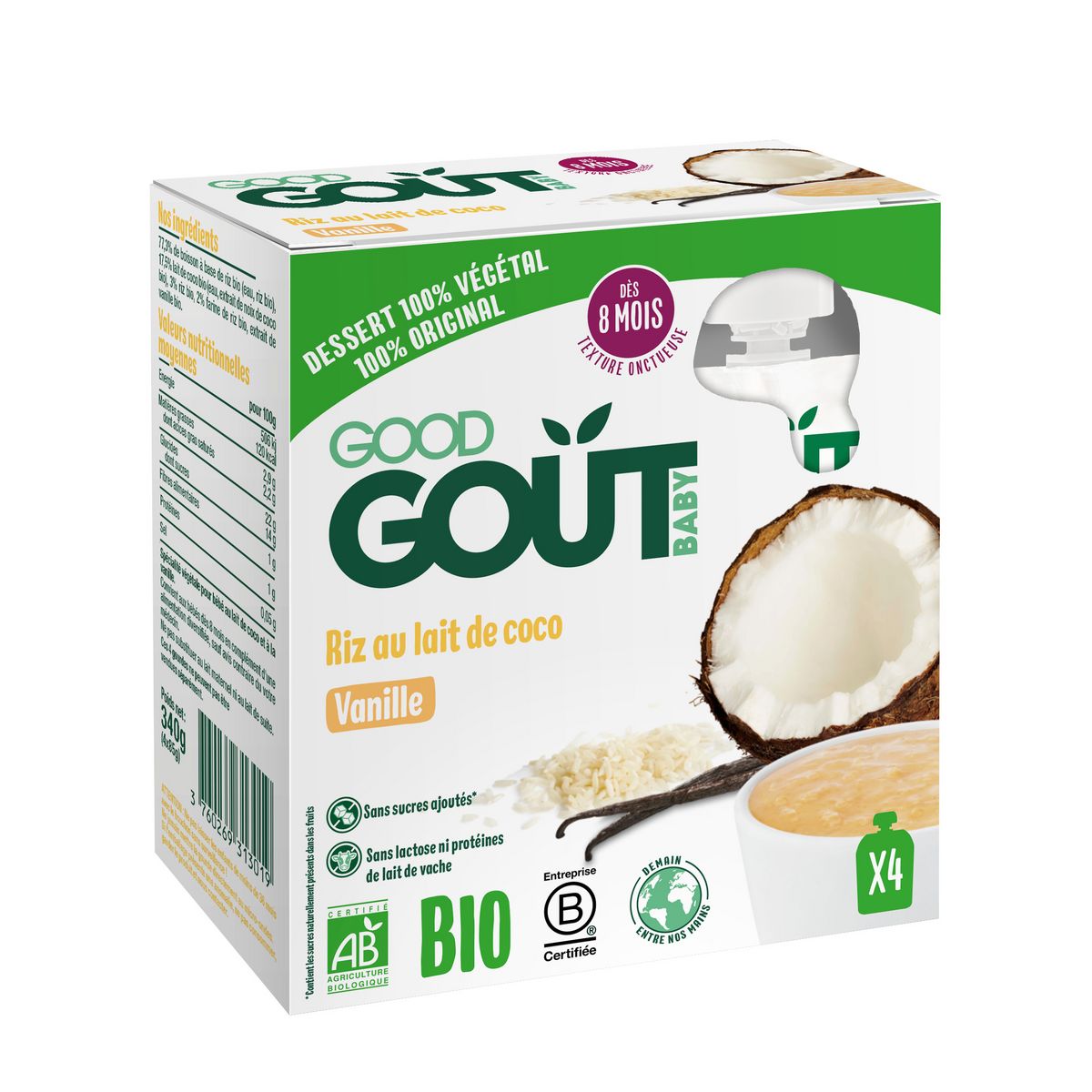 GOOD GOUT Baby gourde dessert végétal riz au lait de coco saveur vanille bio dès 8 mois 4x85g
