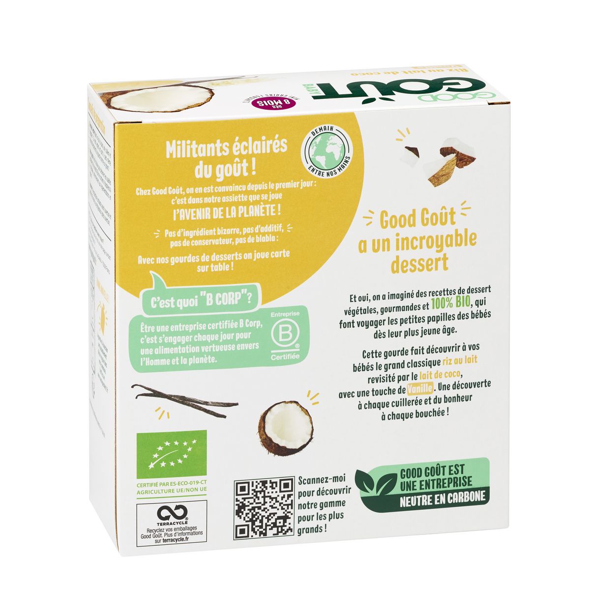 GOOD GOUT Baby gourde dessert végétal riz au lait de coco saveur vanille bio dès 8 mois 4x85g