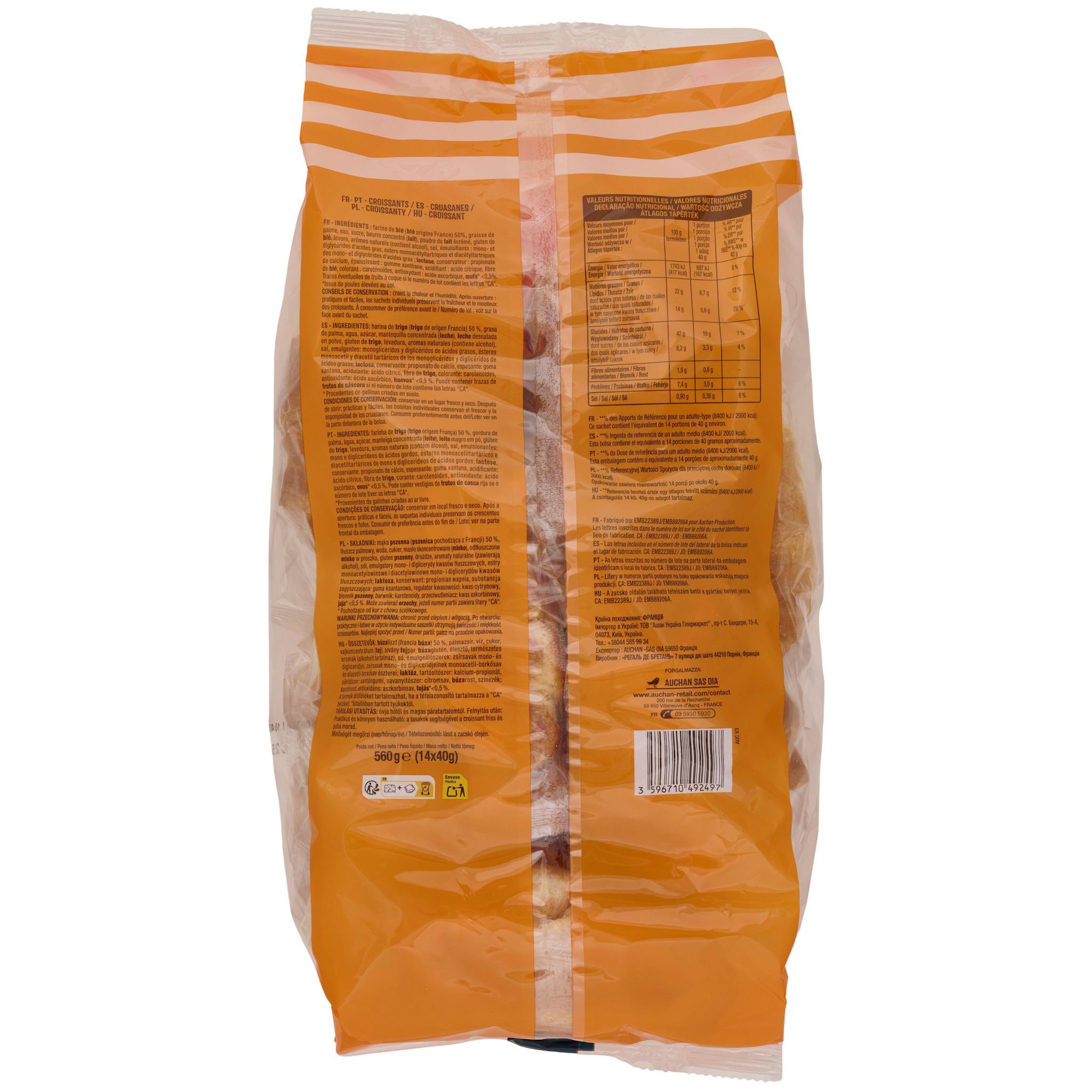 Voir la diapositive 2 : AUCHAN Croissants sachets individuels format familial 14 croissants 560g