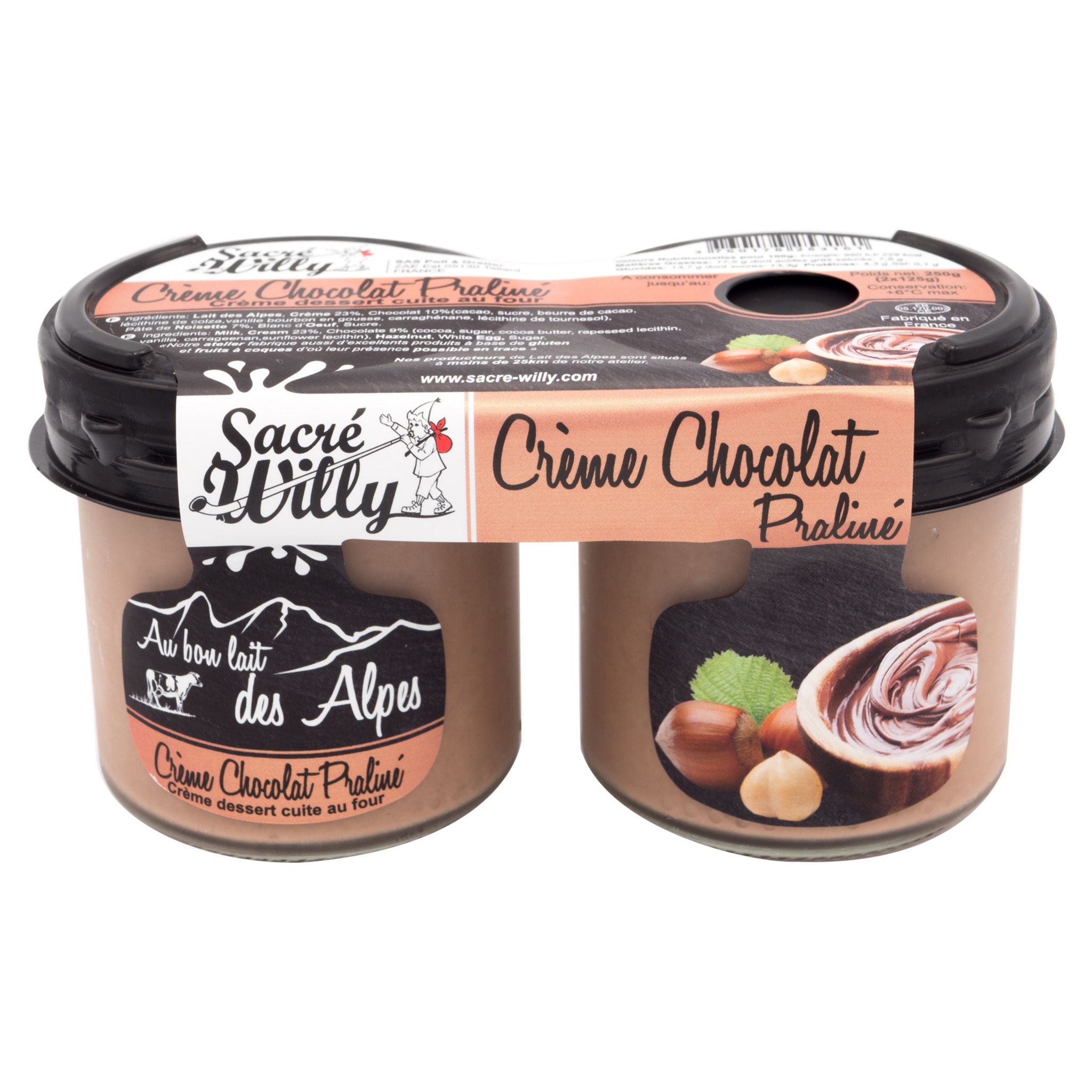 SACRE WILLY Crème dessert chocolat praliné 2x125g