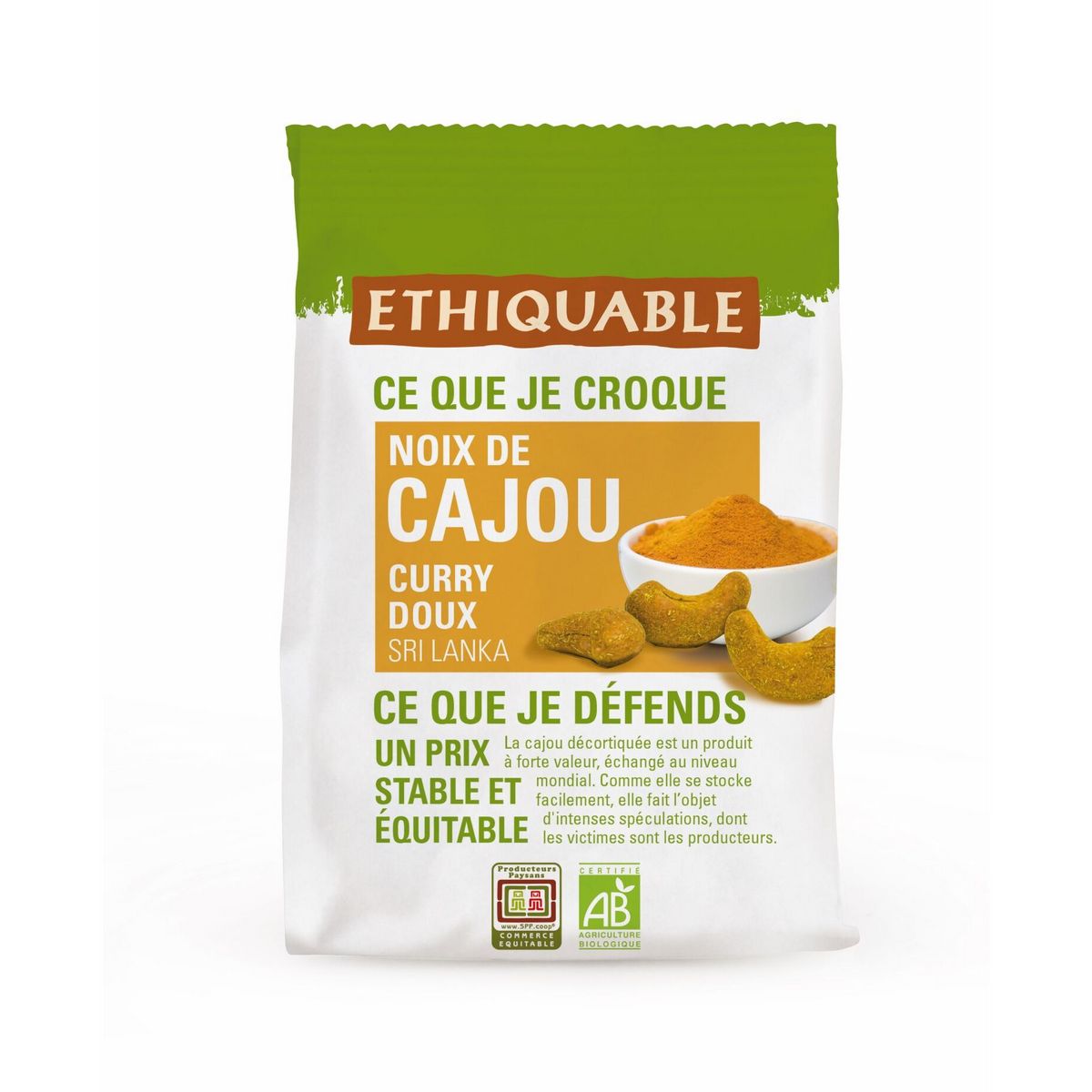 ETHIQUABLE Noix de cajou bio aromatisée au curry doux du Sri Lanka 100g