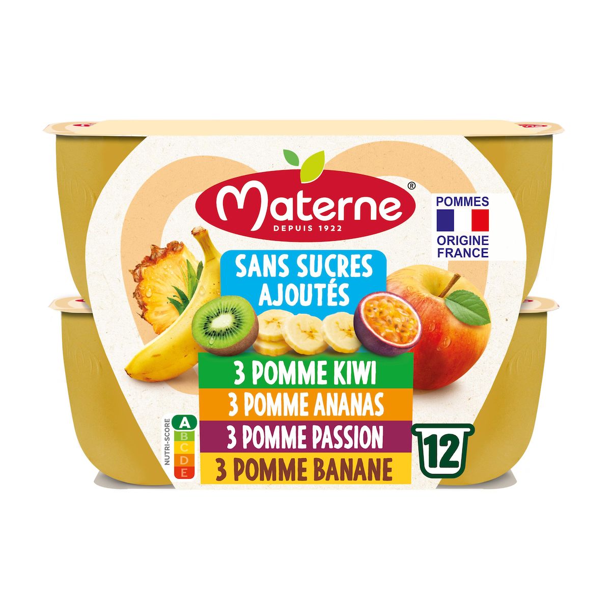 MATERNE Coupelles purée de pomme ananas pomme passion pomme kiwi pomme banane 12x100g