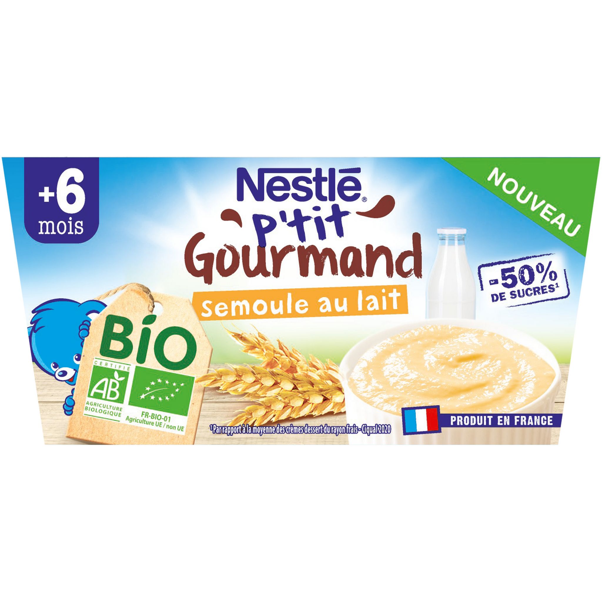 Voir la diapositive 2 : NESTLE P'tits gourmands semoule au lait bio dès 6 mois -50% sucré 4x90g