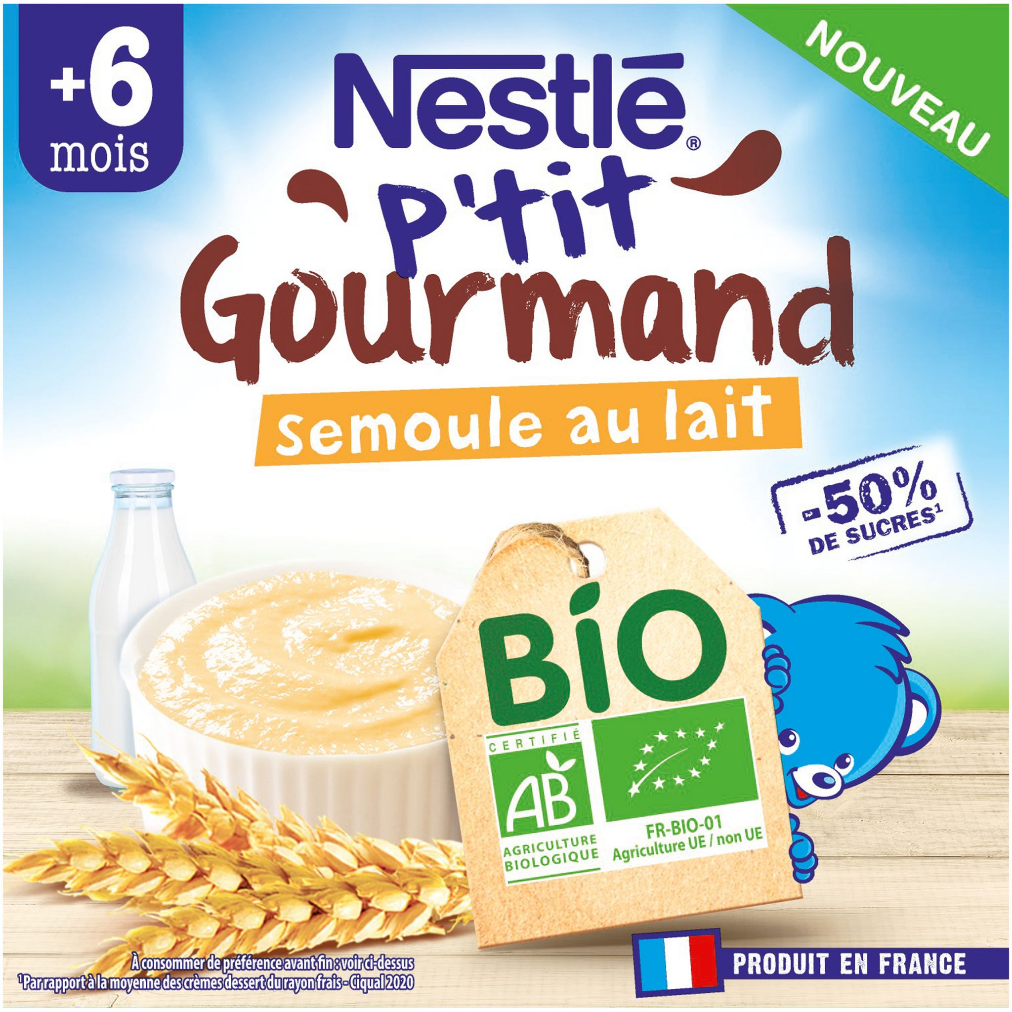 Voir la diapositive 3 : NESTLE P'tits gourmands semoule au lait bio dès 6 mois -50% sucré 4x90g