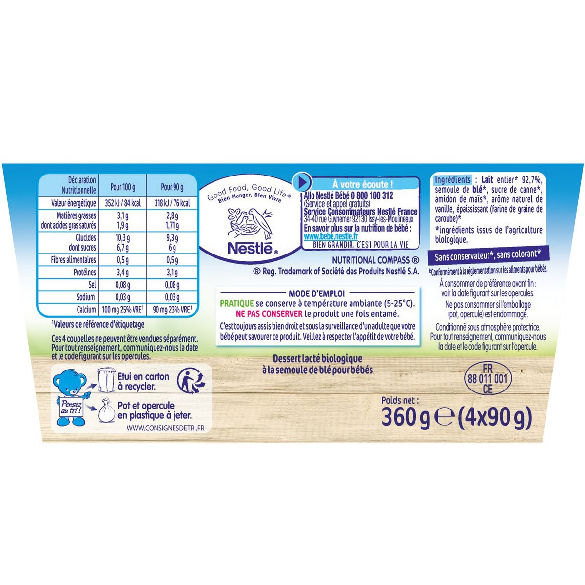 NESTLE P'tits gourmands semoule au lait bio dès 6 mois -50% sucré 4x90g