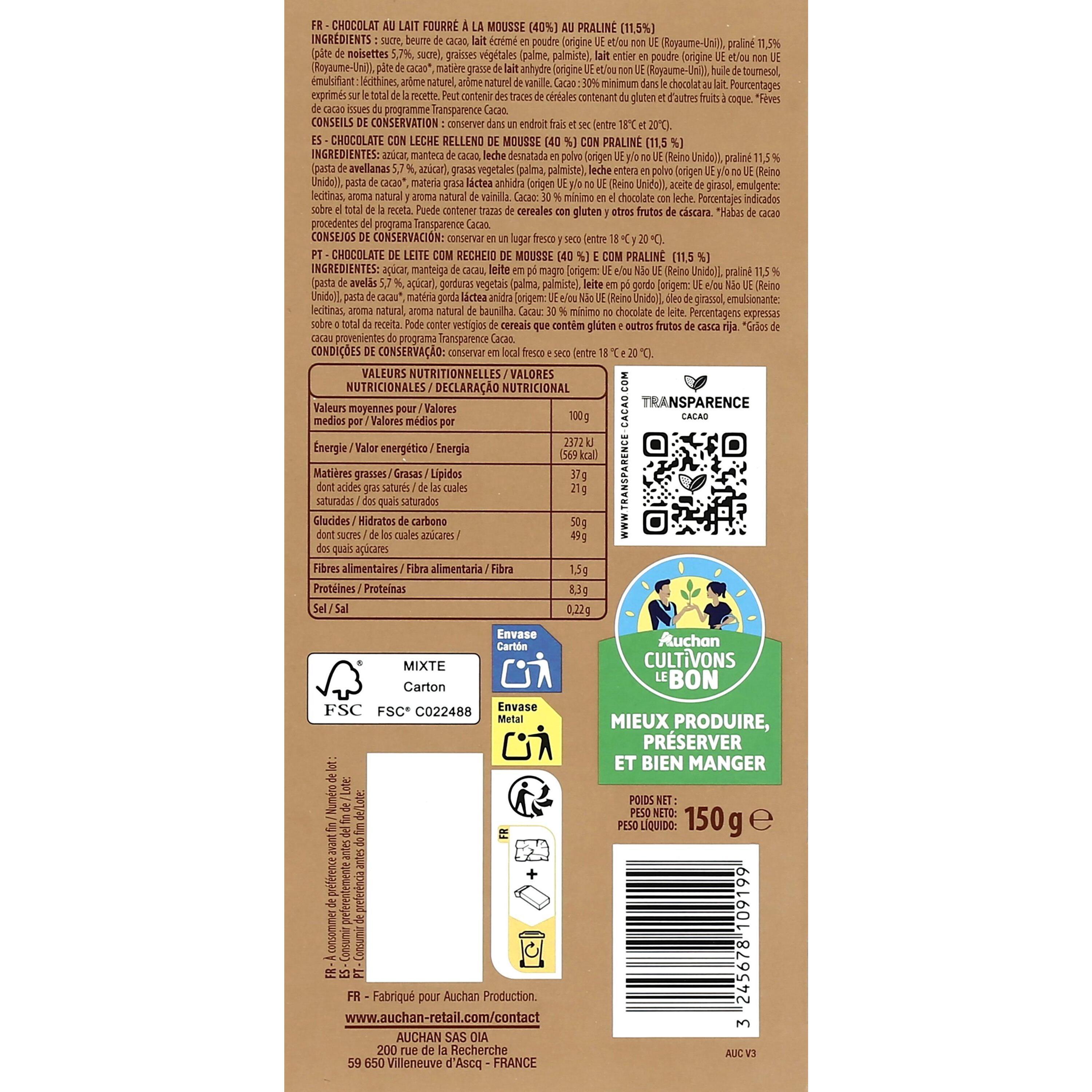 Voir la diapositive 2 : AUCHAN CULTIVONS LE BON Tablette de chocolat au lait fourrée mousse praliné 1 pièce 150g