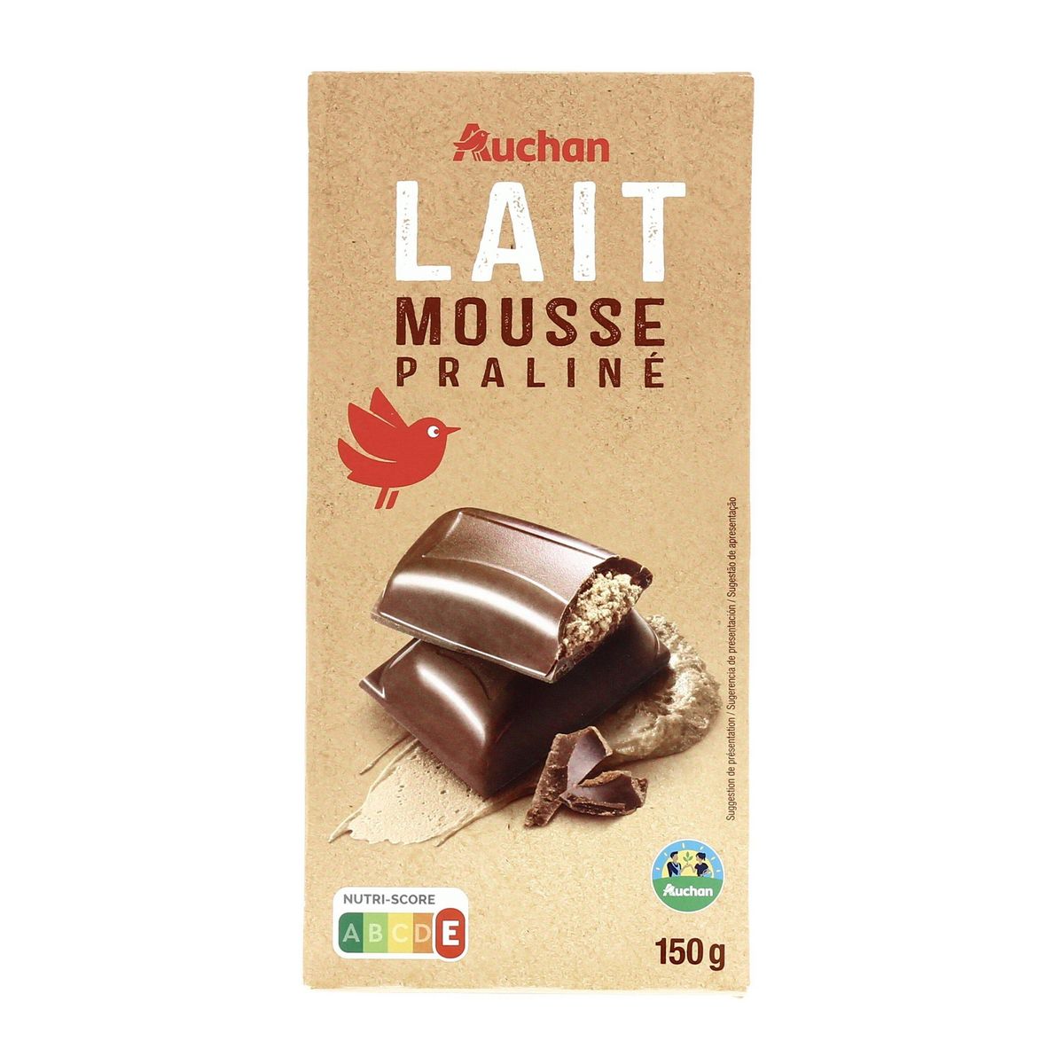 AUCHAN CULTIVONS LE BON Tablette de chocolat au lait fourrée mousse praliné 1 pièce 150g