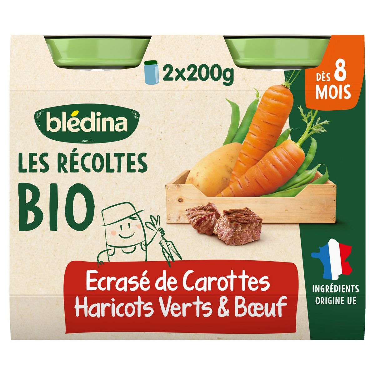 BLEDINA Petit pot écrasé de carottes haricots verts et boeuf bio dès 8 mois 2x200g