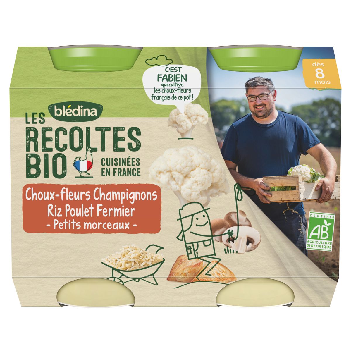BLEDINA Les récoltes bio petit pot choux-fleurs champignons riz poulet fermier dès 8 mois 2x200g
