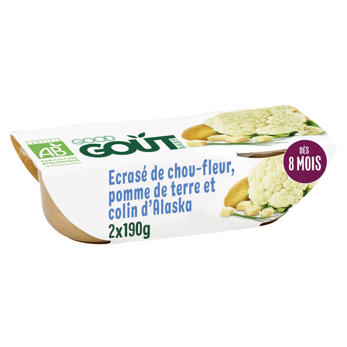GOOD GOUT BABY Bol bio écrasé de chou fleur pomme de terre et colin d'Alaska dès 8 mois 2x190g