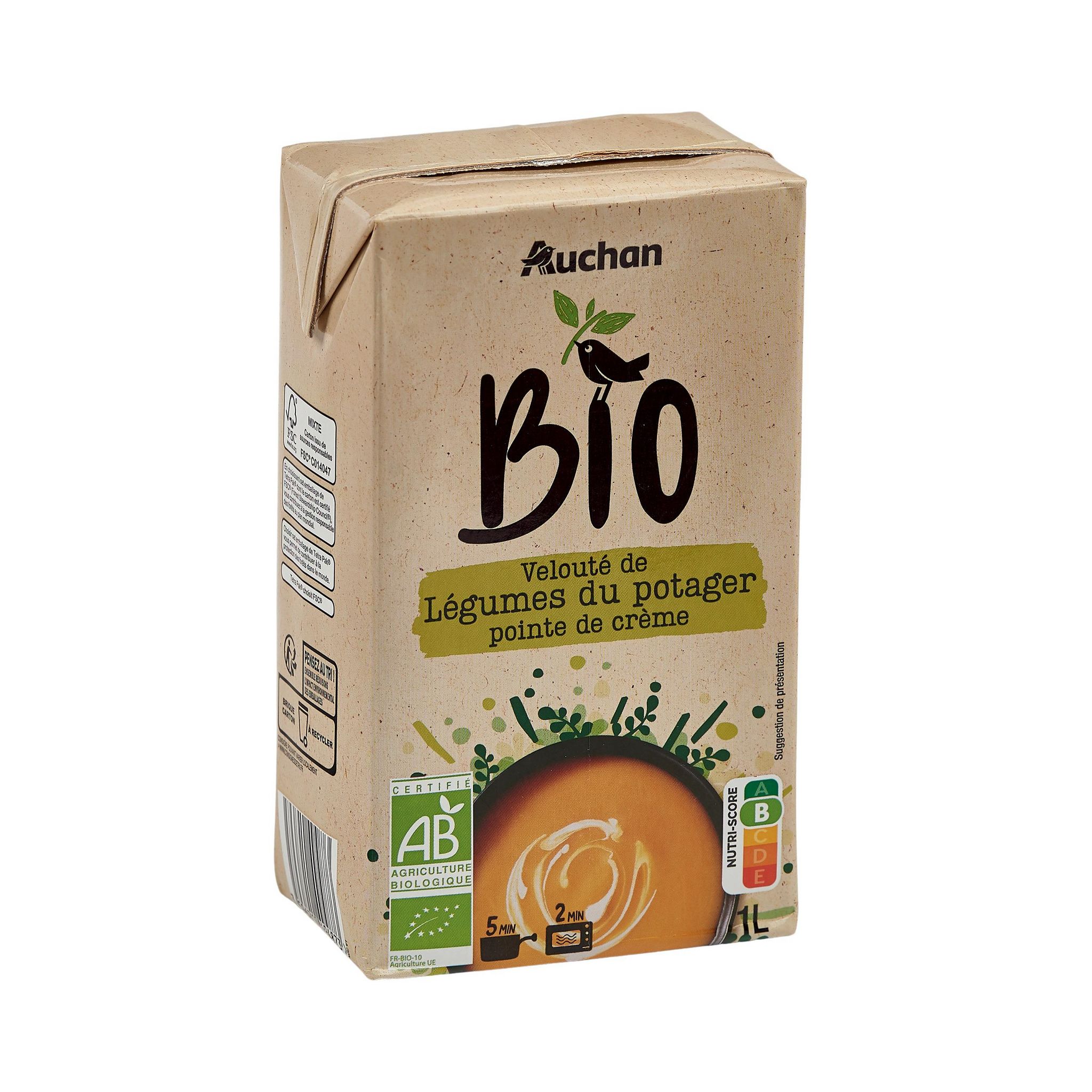 Voir la diapositive 2 : AUCHAN BIO Soupe veloutée de légumes du potager pointe de crème 4 personnes 1l