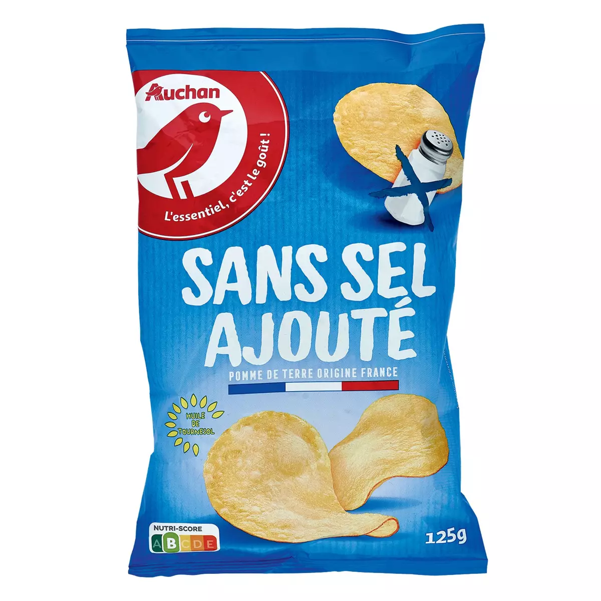 AUCHAN Chips sans sel ajouté à l'huile de tournesol 125g