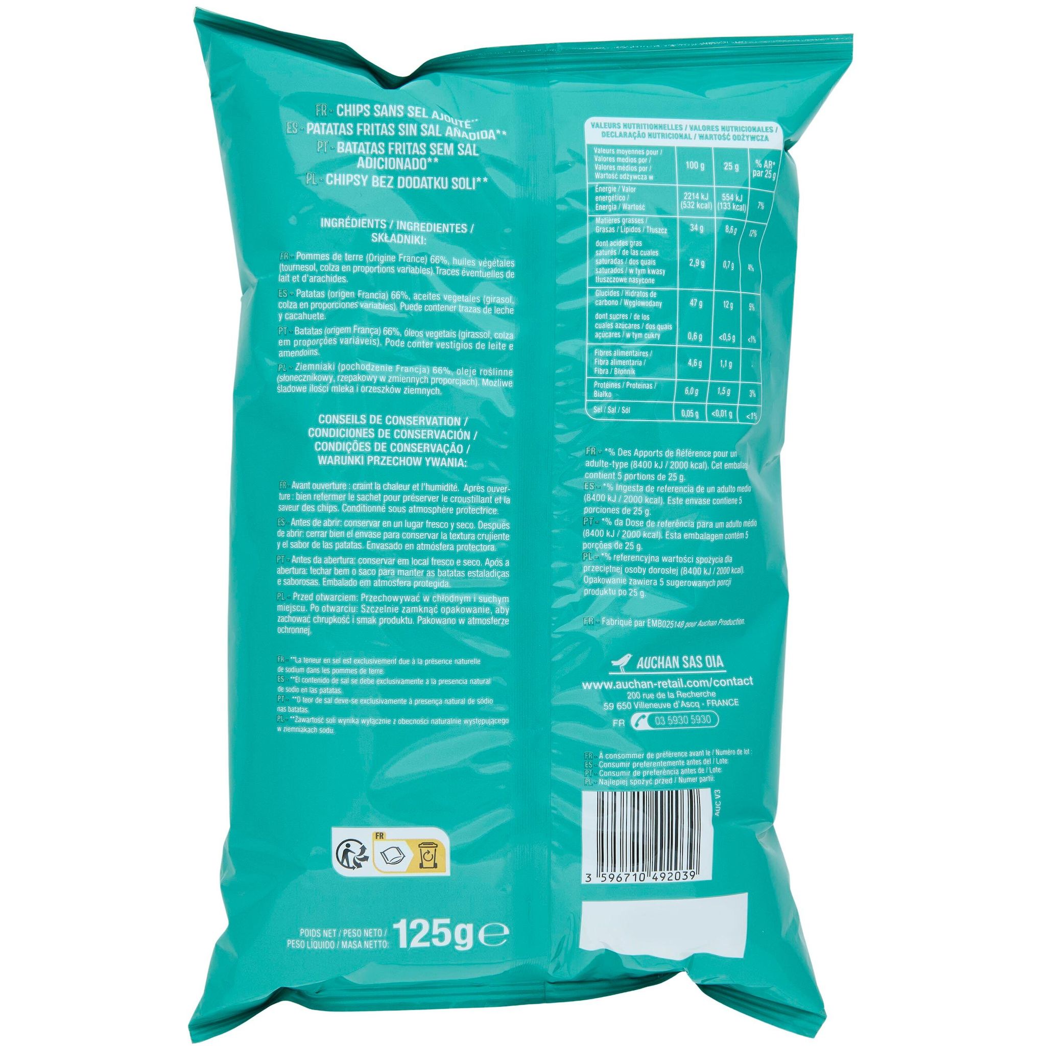 Voir la diapositive 2 : AUCHAN Chips sans sel ajouté à l'huile de tournesol 125g