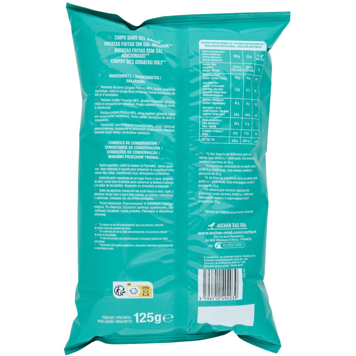 AUCHAN Chips sans sel ajouté à l'huile de tournesol 125g