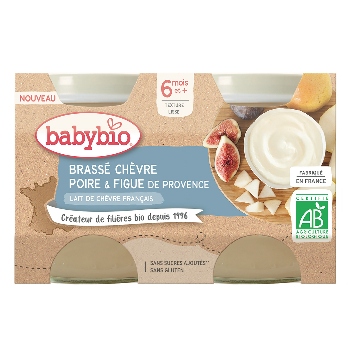 BABYBIO Petit pot brassé chèvre poire et figue de Provence bio dès 6 mois 2x130g