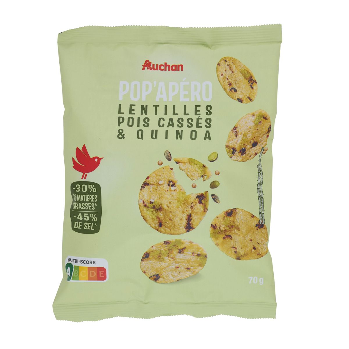AUCHAN Pop'Apéro crackers aux lentilles pois cassés et quinoa 70g