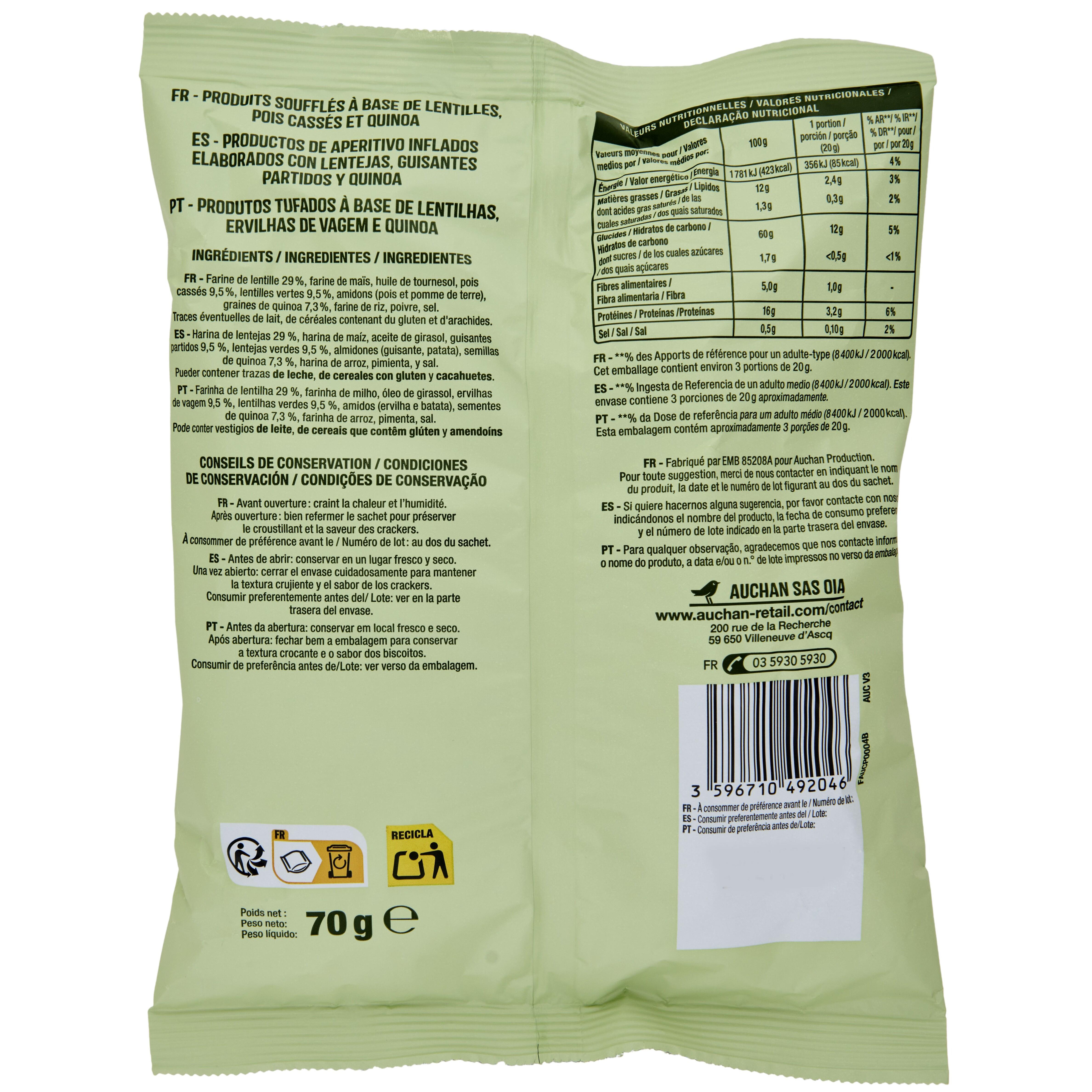Voir la diapositive 3 : AUCHAN Pop'Apéro crackers aux lentilles pois cassés et quinoa 70g