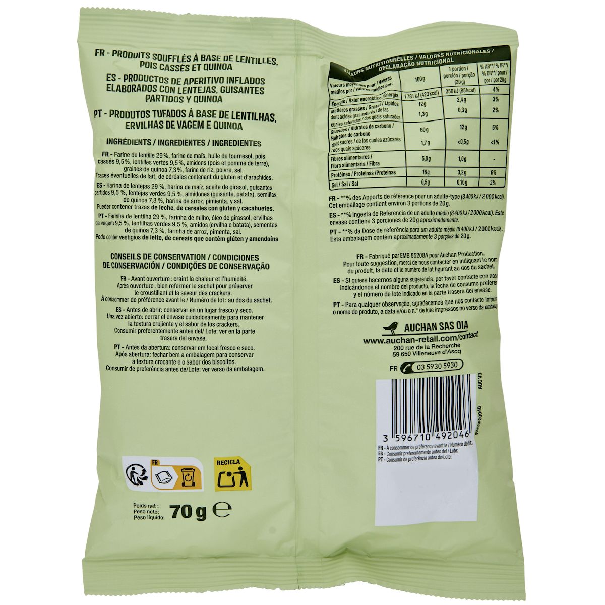 AUCHAN Pop'Apéro crackers aux lentilles pois cassés et quinoa 70g