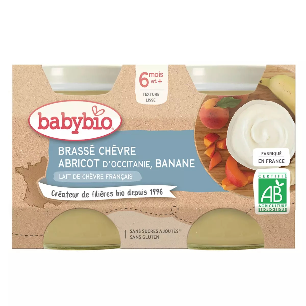 BABYBIO Petit pot brassé chèvre abricot d'Occitanie et banane bio dès 6 mois 2x130g
