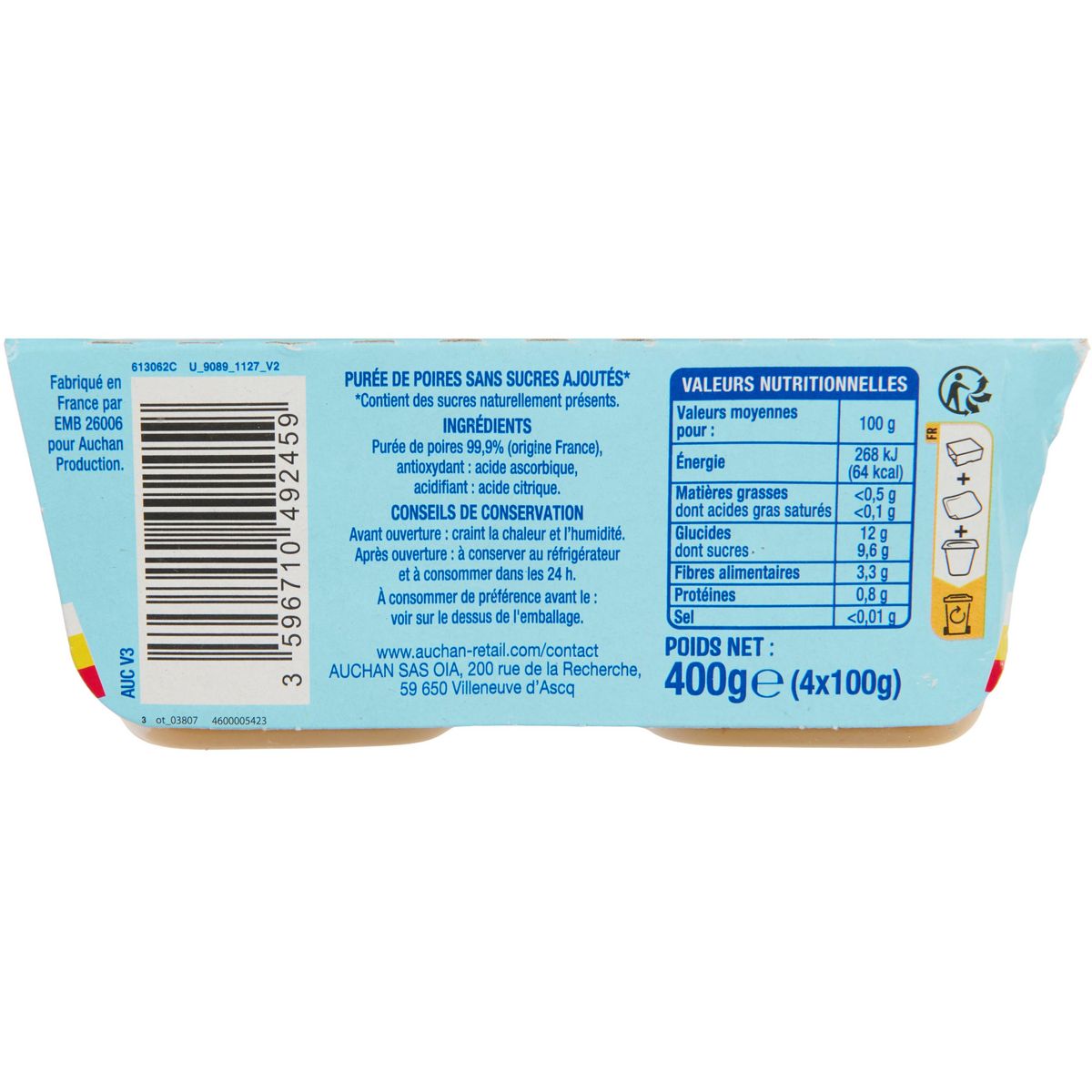 AUCHAN Coupelles de purée de poire sans sucres ajoutés 4x100g