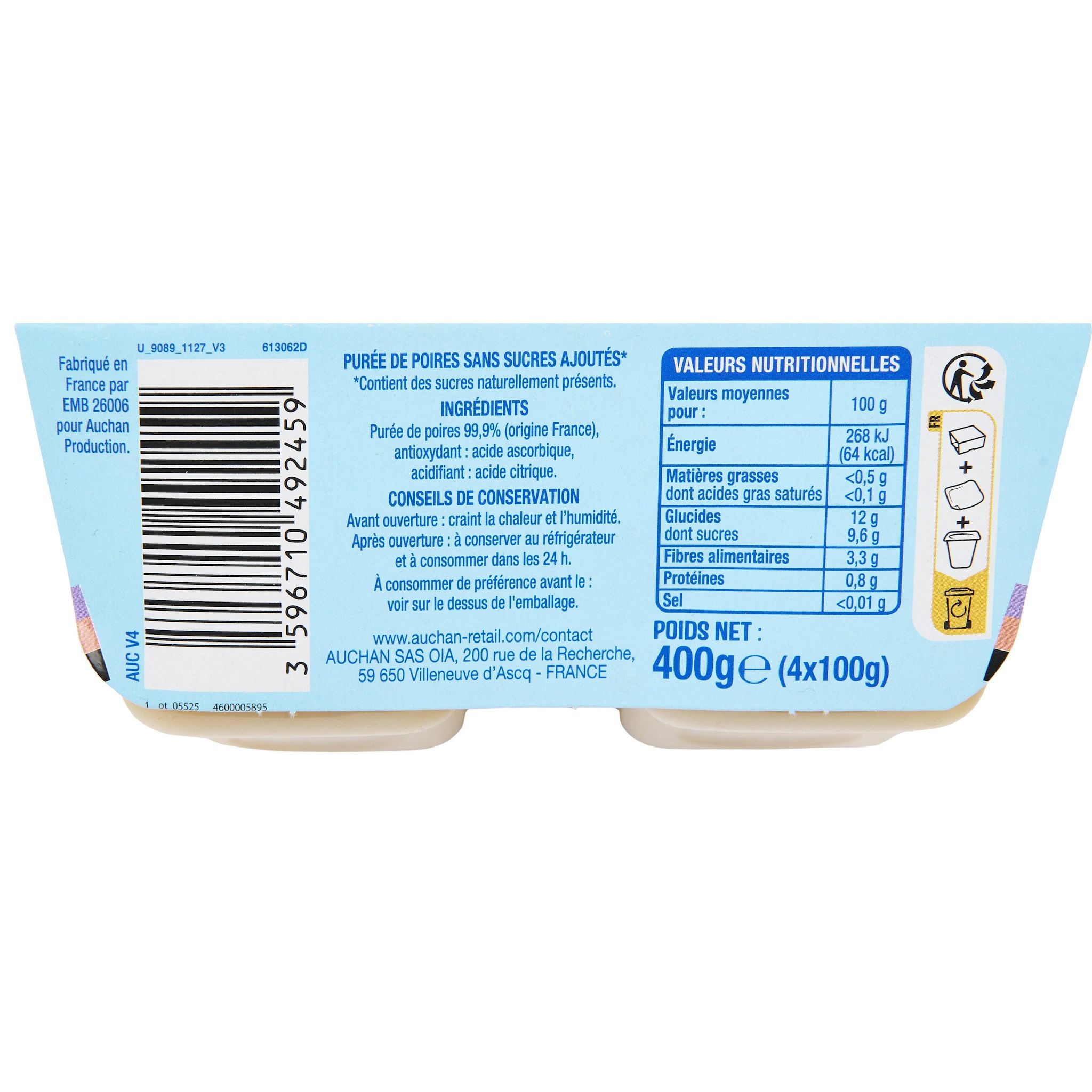 Voir la diapositive 2 : AUCHAN Coupelles de purée de poire sans sucres ajoutés 4x100g