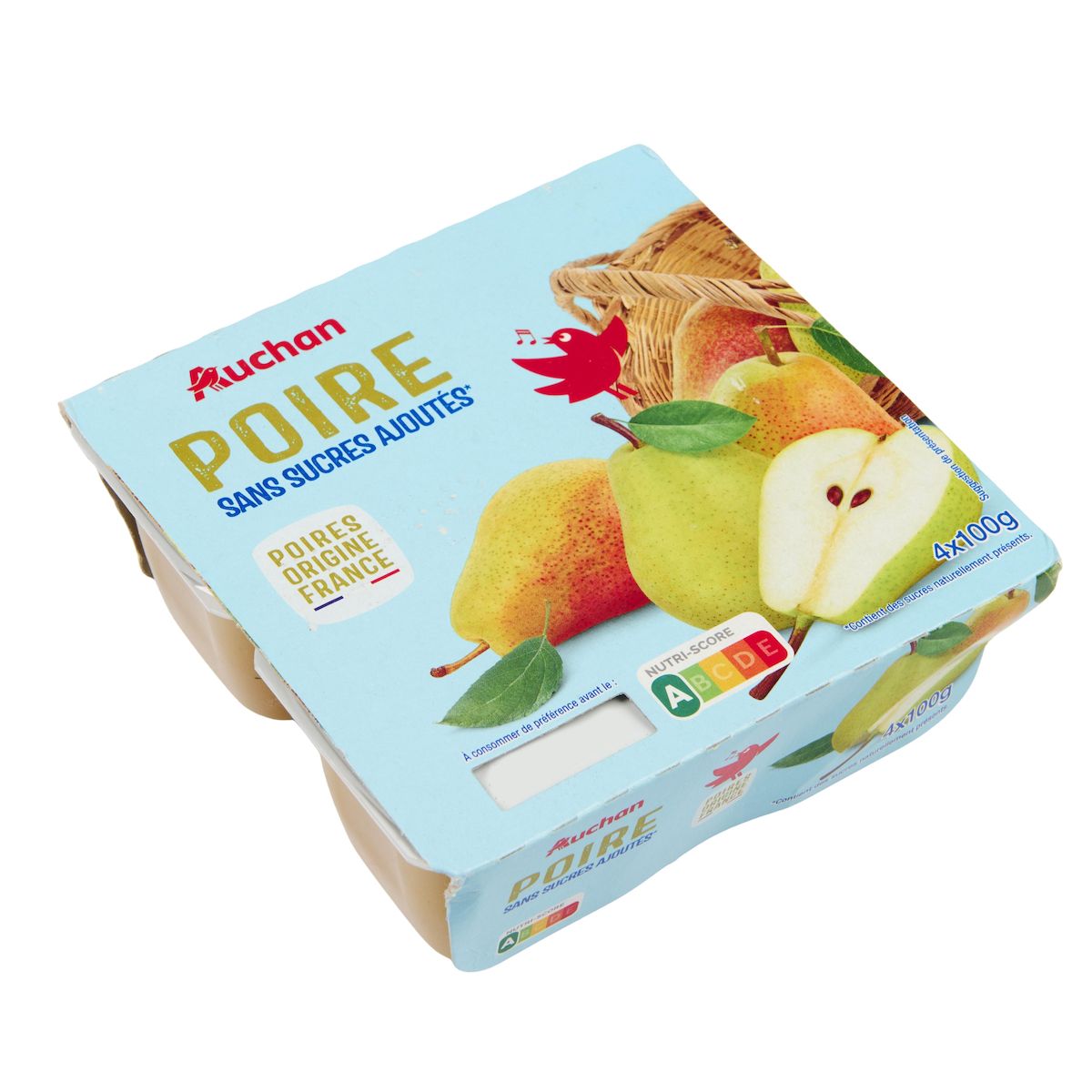 AUCHAN Coupelles de purée de poire sans sucres ajoutés 4x100g