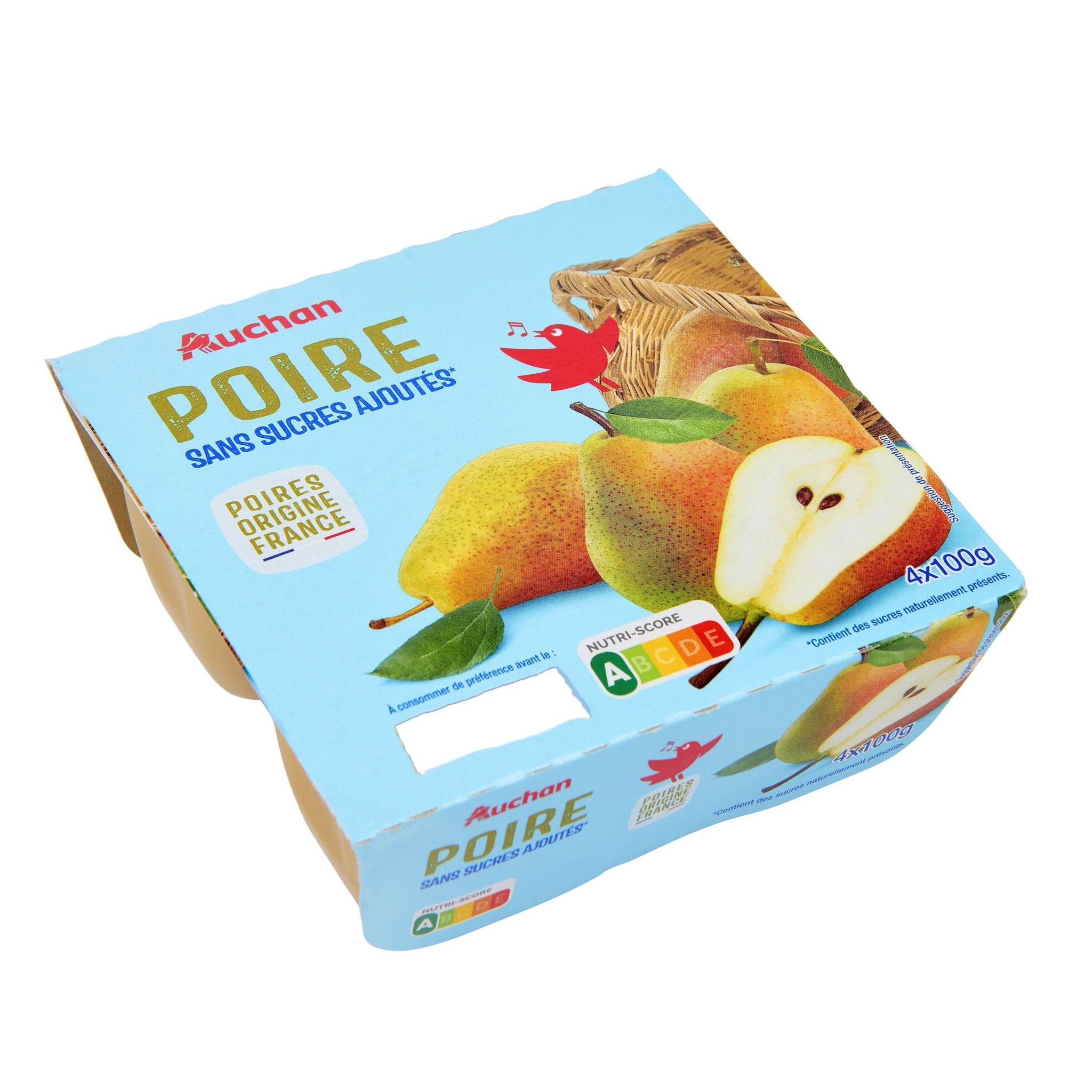 Voir la diapositive 3 : AUCHAN Coupelles de purée de poire sans sucres ajoutés 4x100g