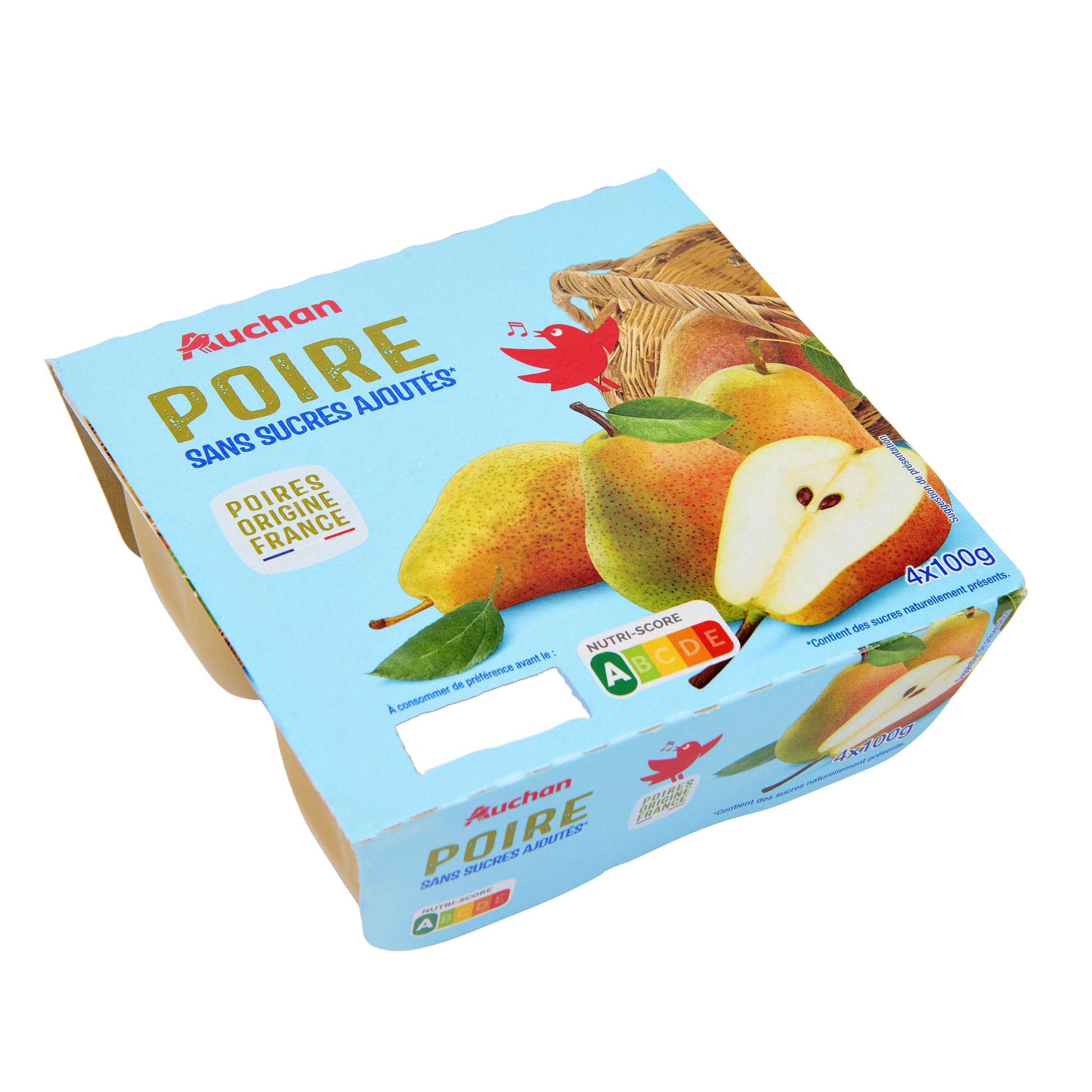 Voir la diapositive 4 : AUCHAN Coupelles de purée de poire sans sucres ajoutés 4x100g