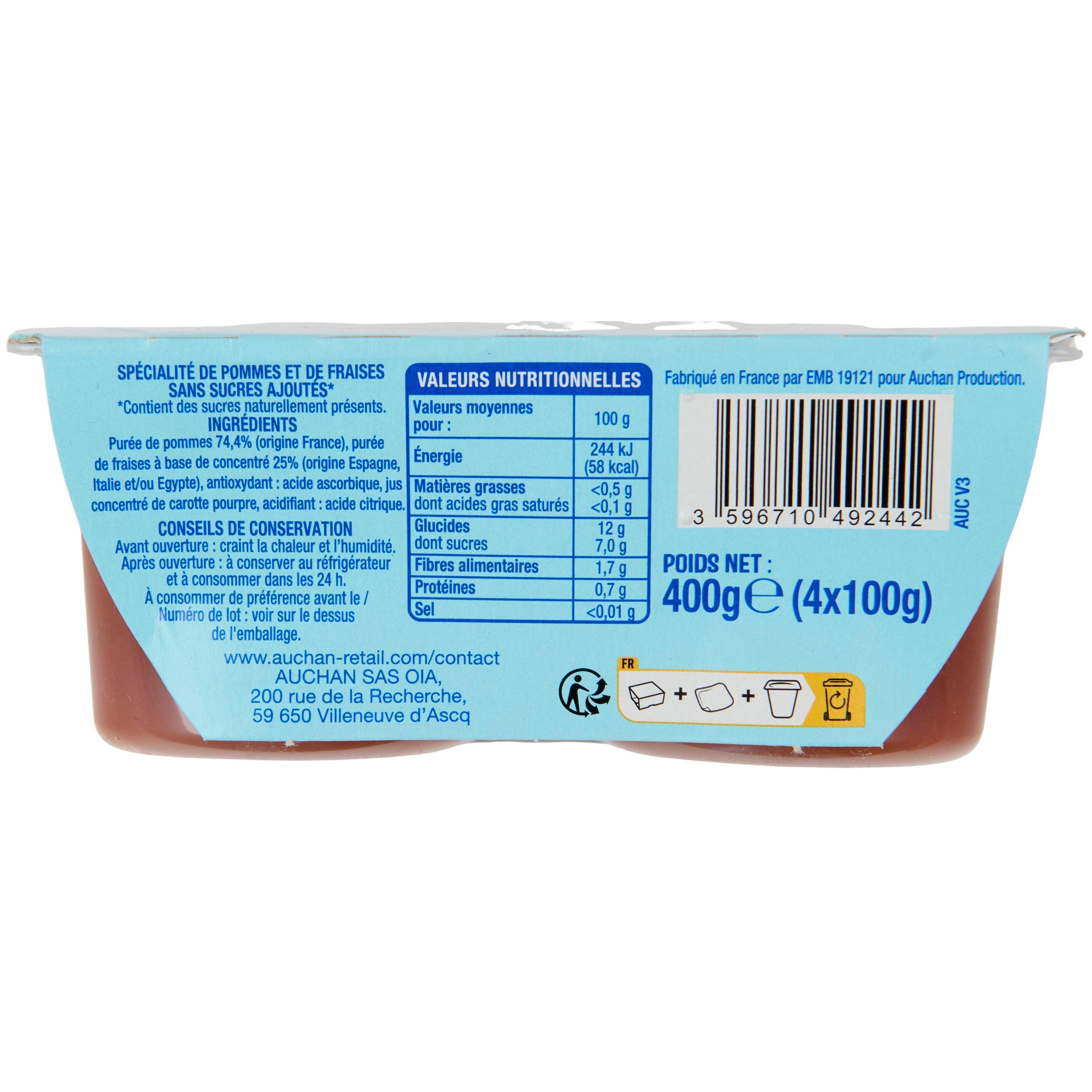 Voir la diapositive 3 : AUCHAN Coupelles pomme fraisse sans sucres ajoutés 4x100g