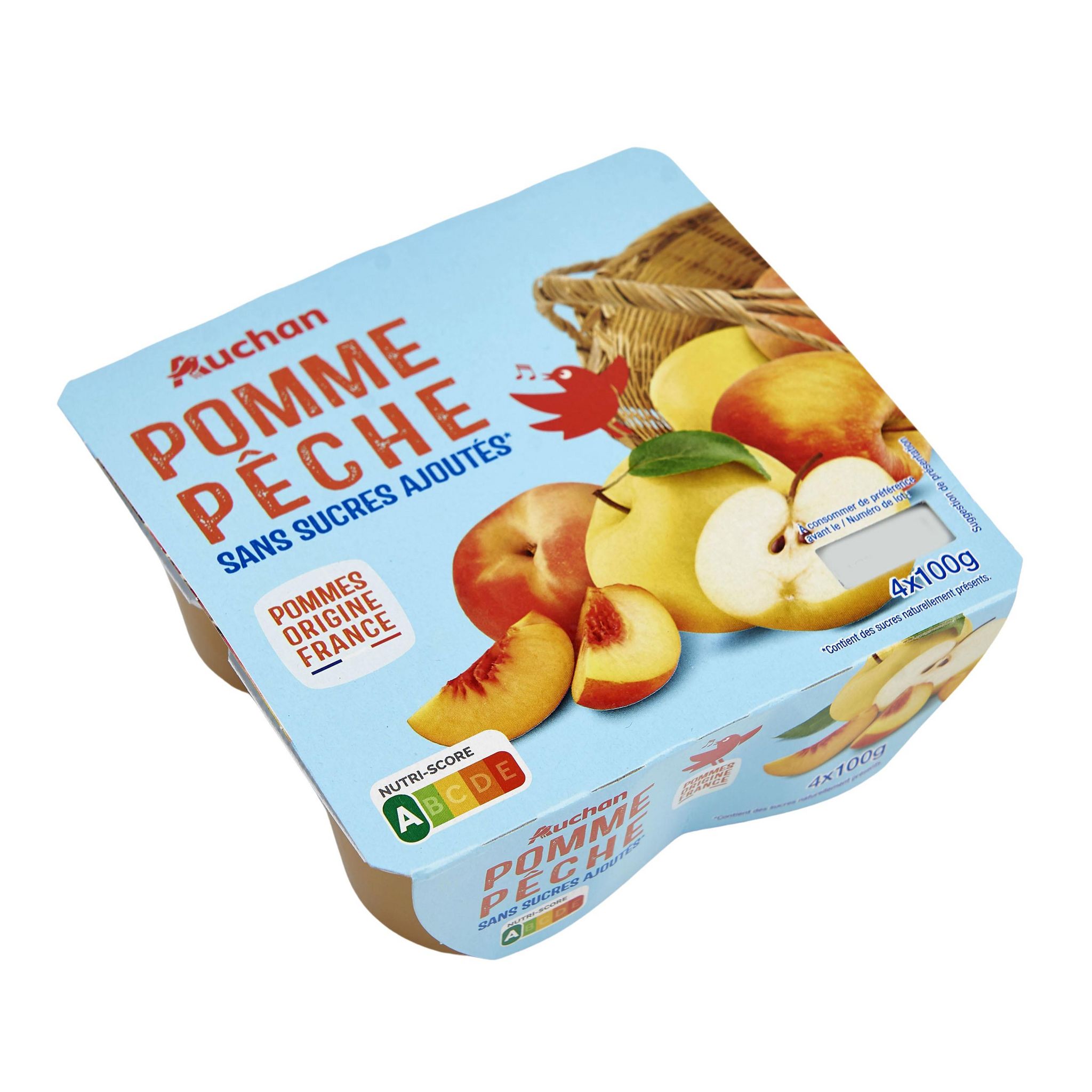 Voir la diapositive 2 : AUCHAN Coupelles spécialité pomme pêche sans sucres ajoutés 4x100g