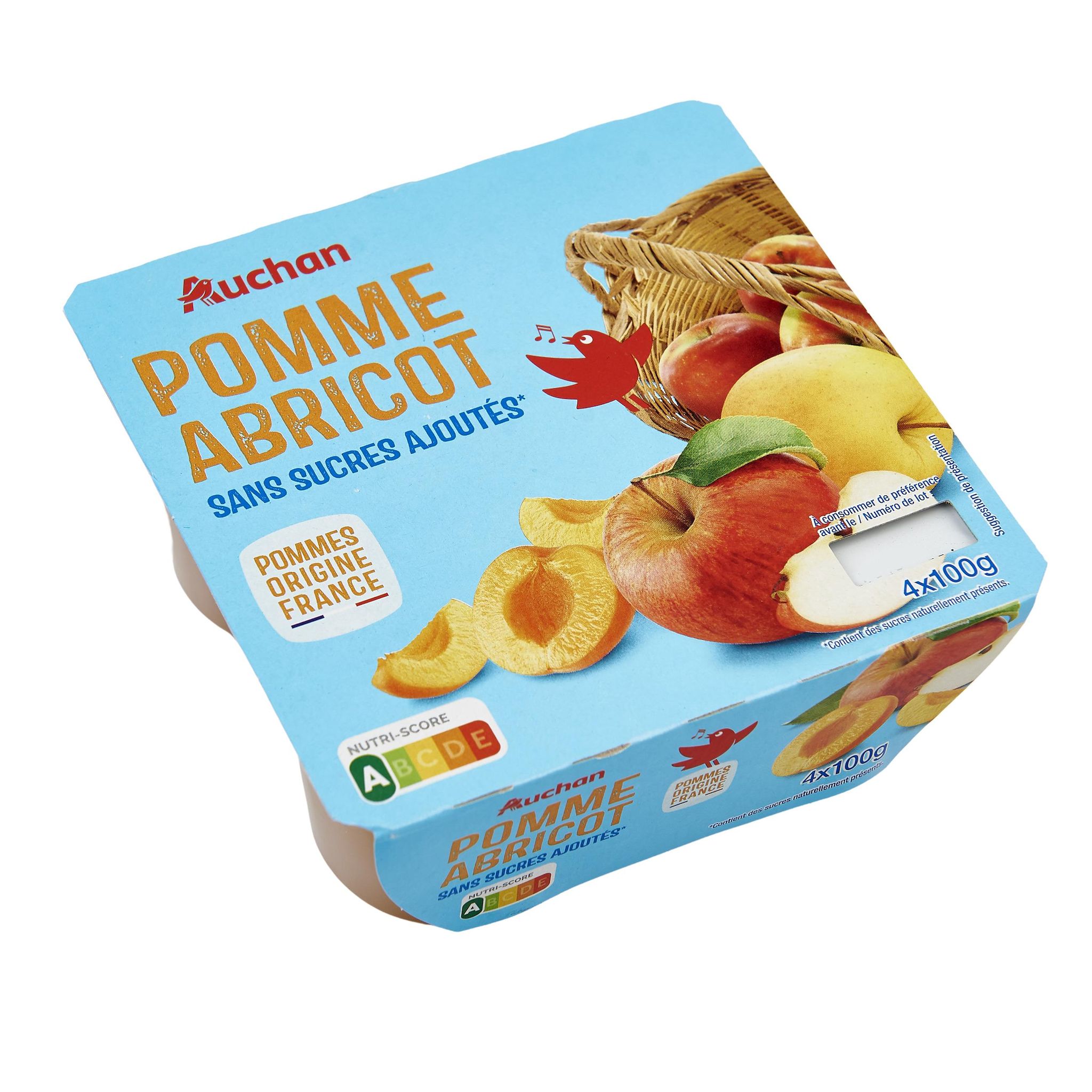 Voir la diapositive 2 : AUCHAN Coupelles de purée de pomme abricot sans sucres ajoutés 4x100g