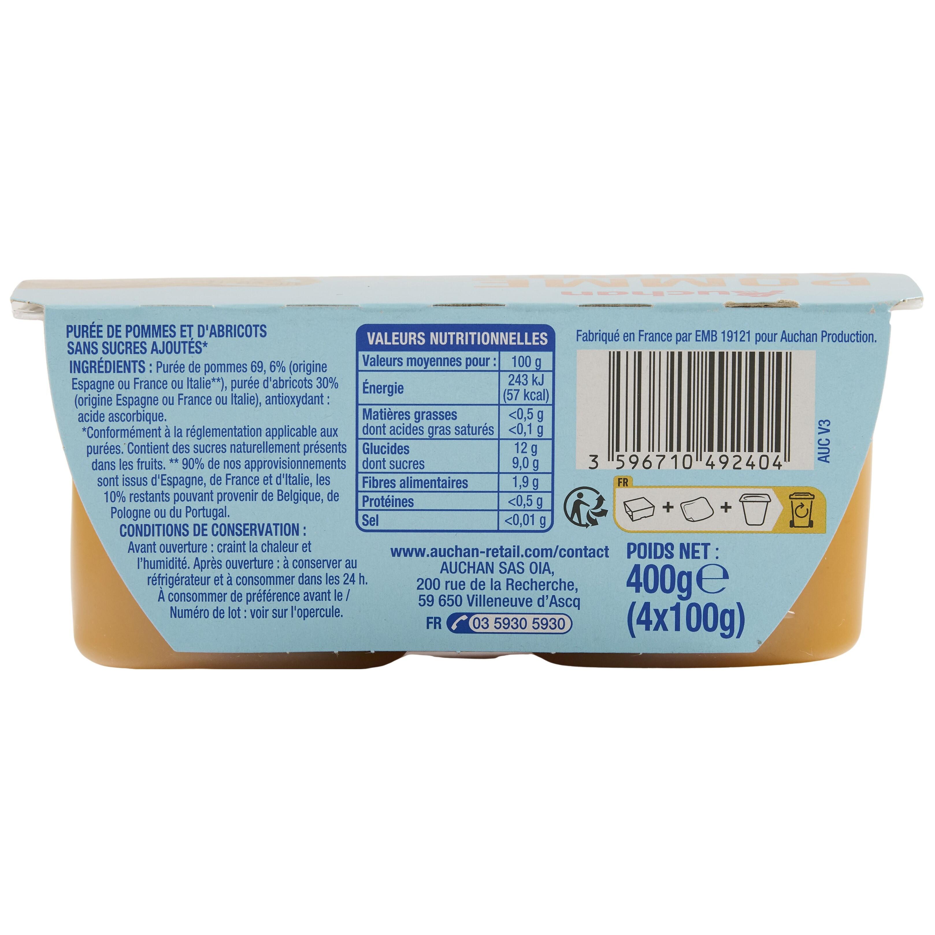 Voir la diapositive 3 : AUCHAN Coupelles de purée de pomme abricot sans sucres ajoutés 4x100g