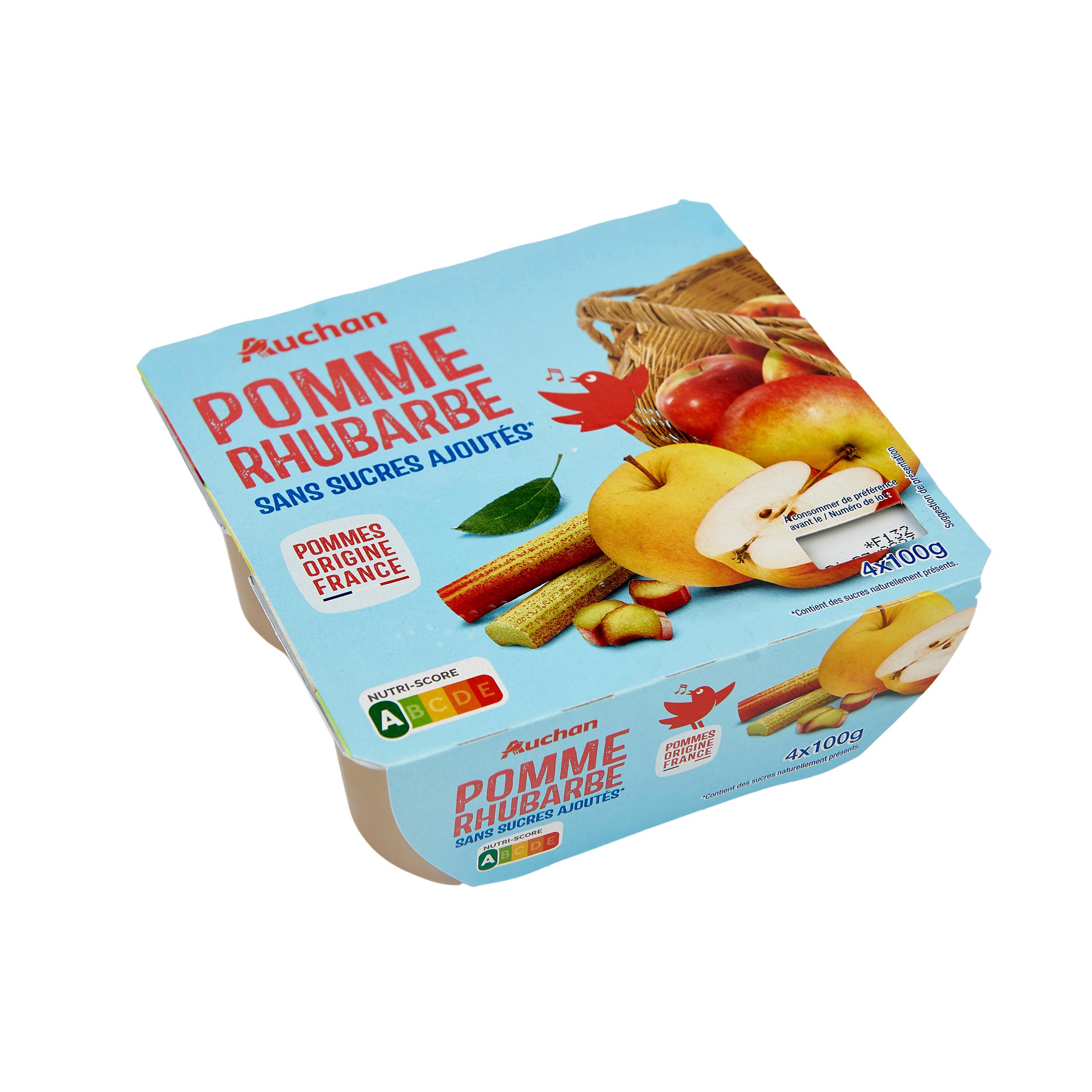 Voir la diapositive 2 : AUCHAN Coupelles pomme rhubarbe sans sucres ajoutés 4x100g