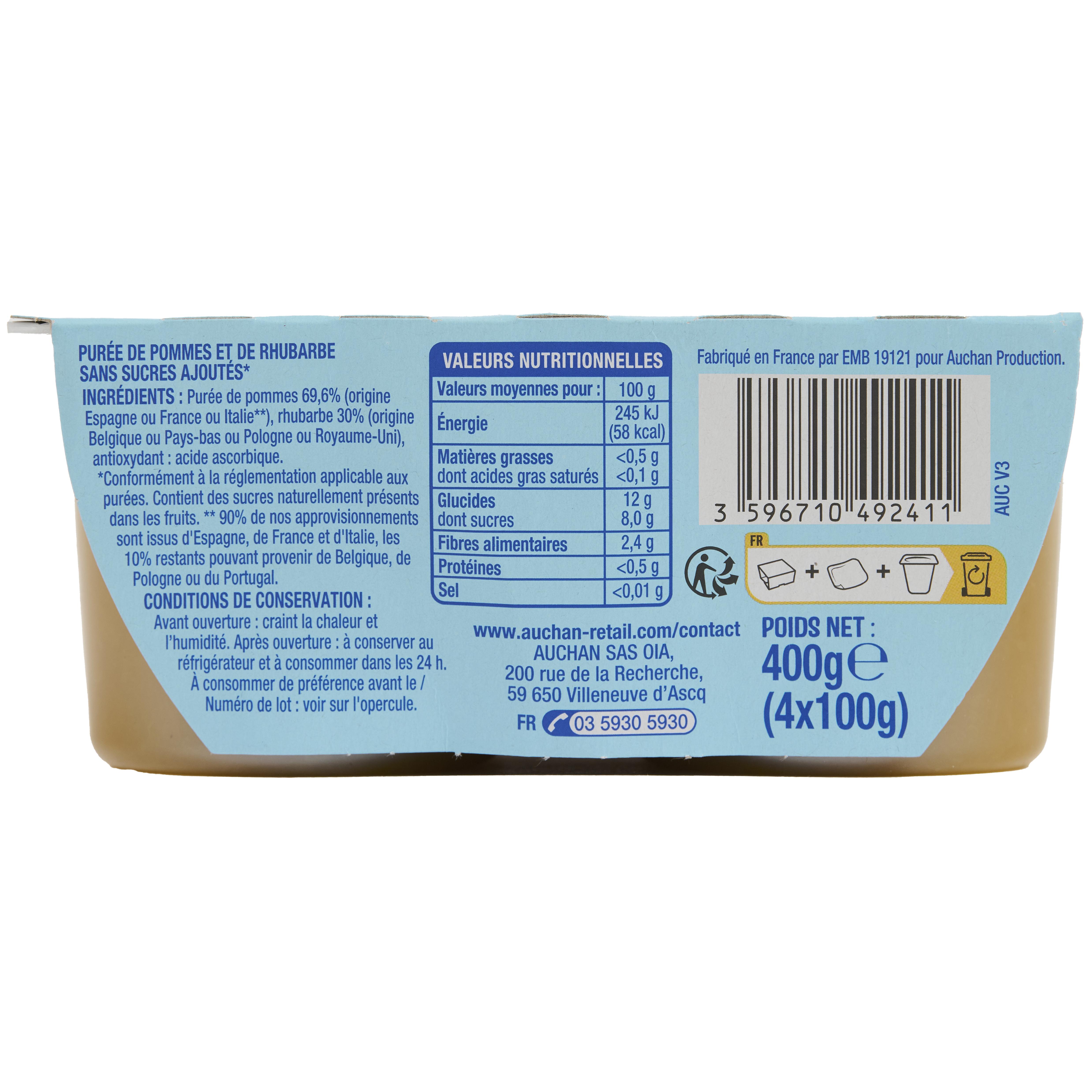Voir la diapositive 3 : AUCHAN Coupelles pomme rhubarbe sans sucres ajoutés 4x100g