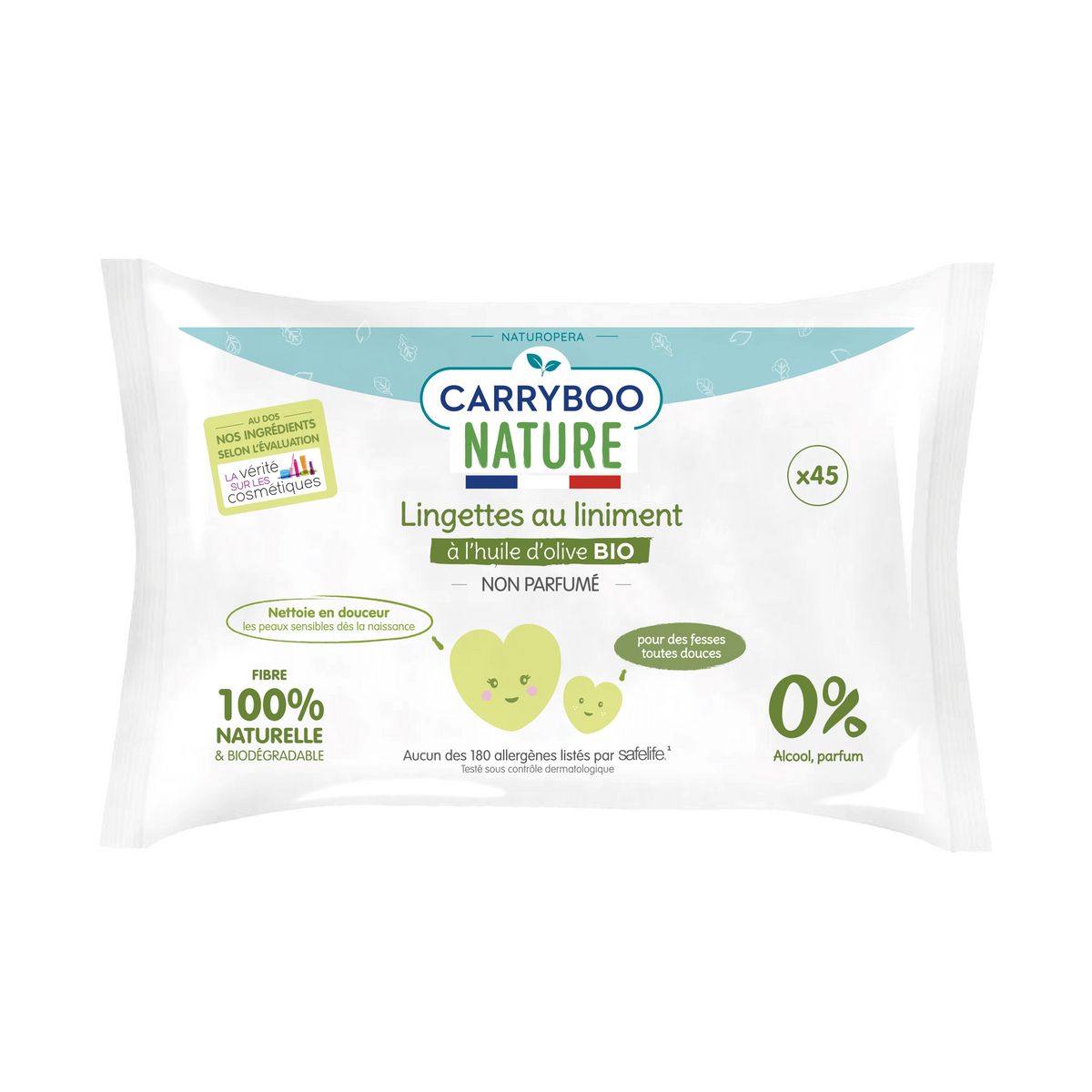 CARRYBOO Nature Lingette au liniment à l'huile d'olive bio non parfumé 45 lingettes
