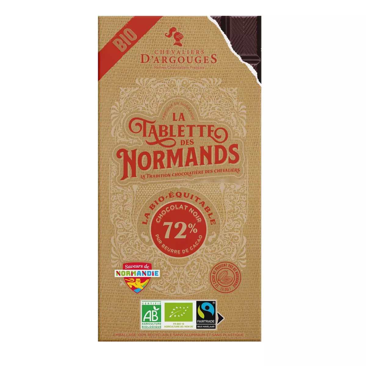 CHEVALIERS D'ARGOUGES Tablette des Normands au chocolat noir 72% cacao bio 100g