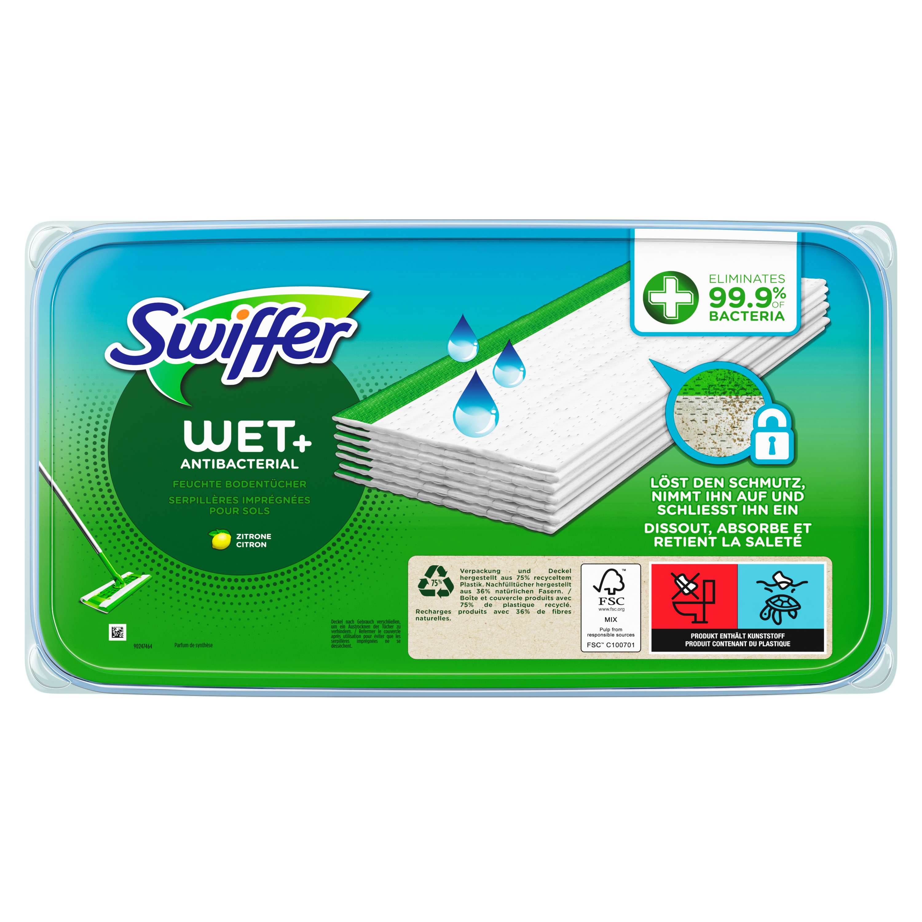 Voir la diapositive 2 : SWIFFER Recharges lingettes humides anti-bactériennes pour balai 10 lingettes