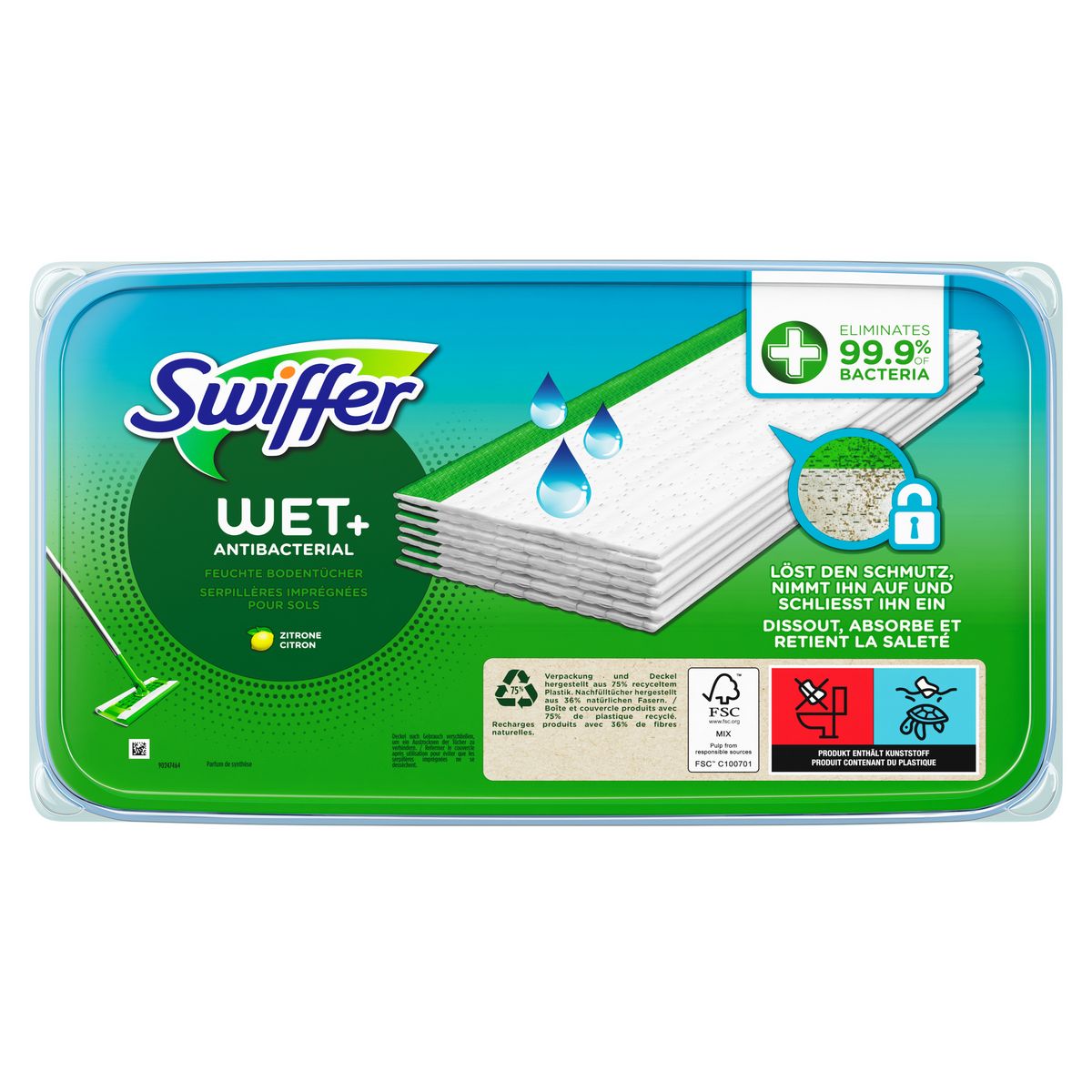 SWIFFER Recharges lingettes humides anti-bactériennes pour balai 10 lingettes