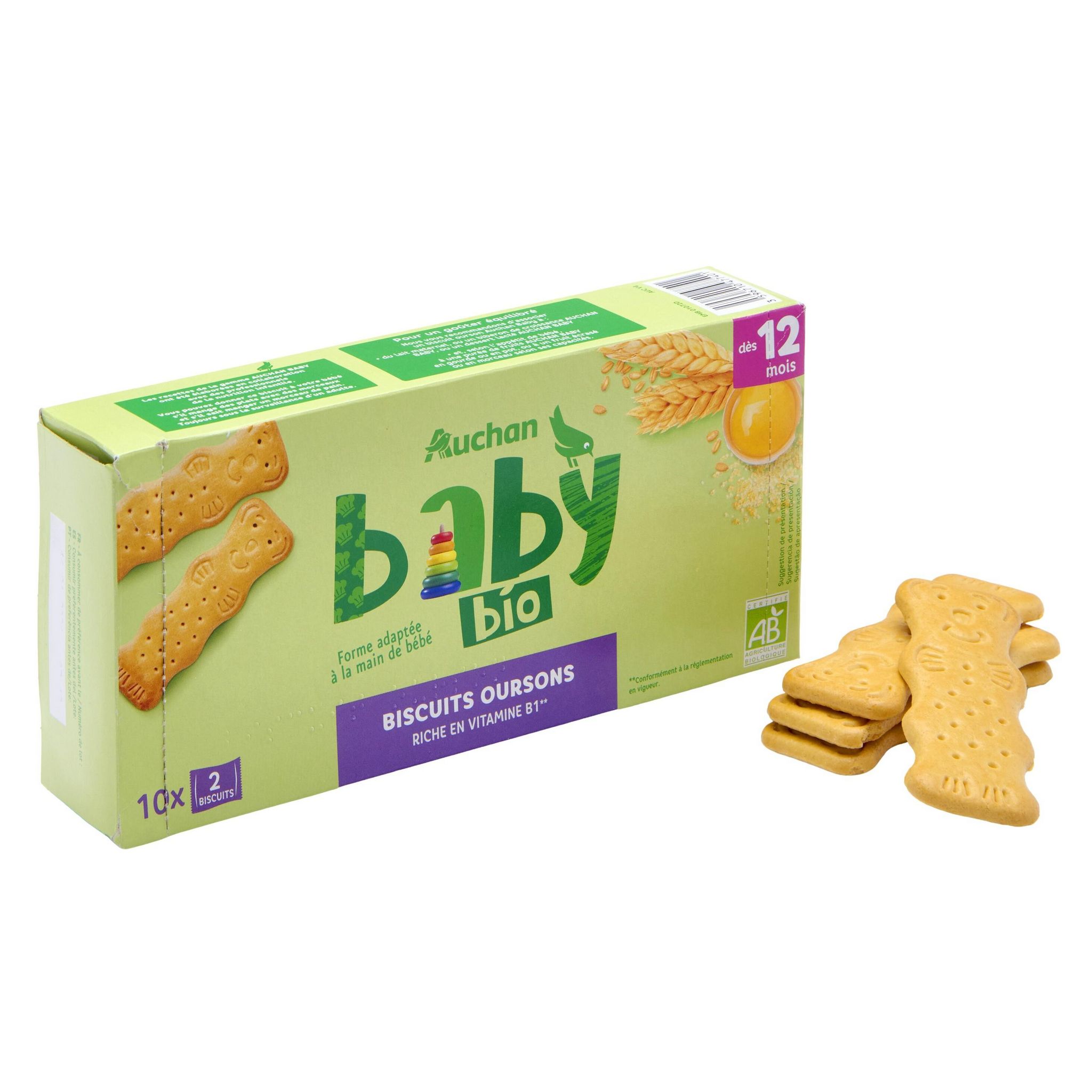 Voir la diapositive 3 : AUCHAN BABY BIO Mon petit goûter biscuits bio dès 12 mois 10x2 biscuits 150g
