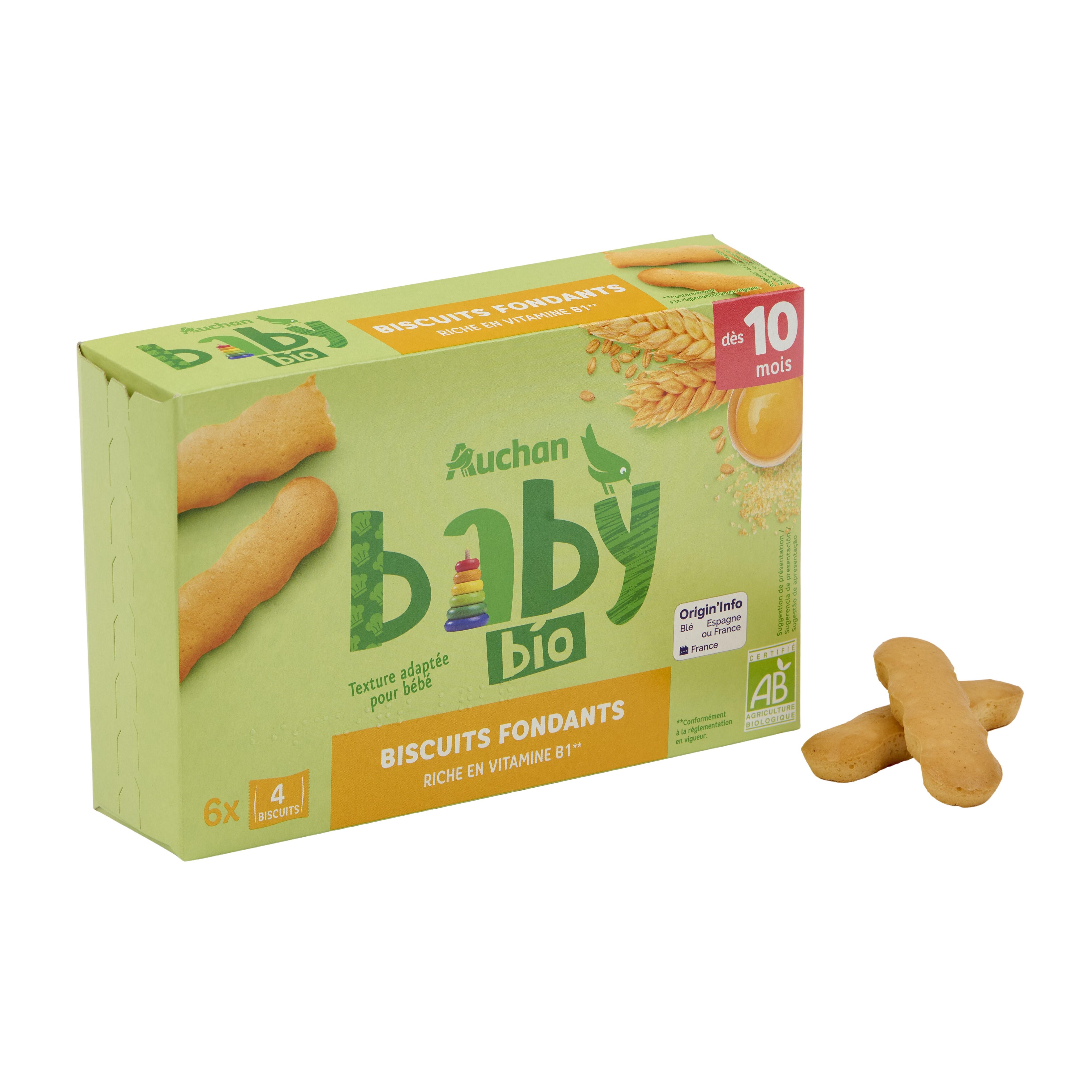 Voir la diapositive 3 : AUCHAN BABY BIO Biscuits fondants dès 10 mois 6x4 biscuits 120g