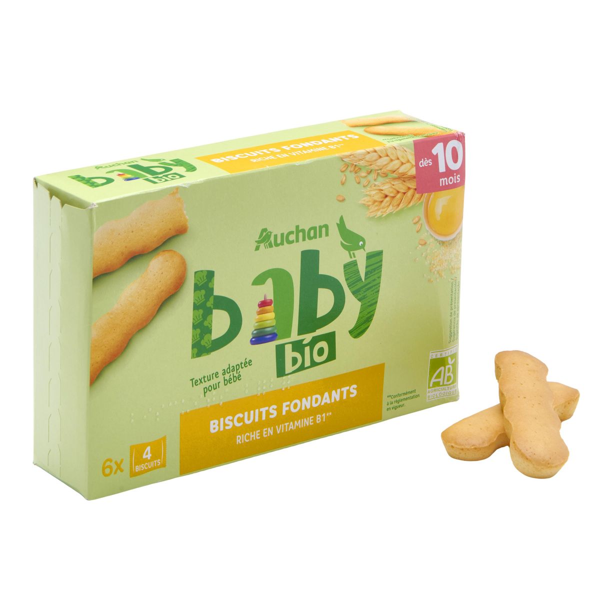 AUCHAN BABY BIO Biscuits fondants dès 10 mois 6x4 biscuits 120g