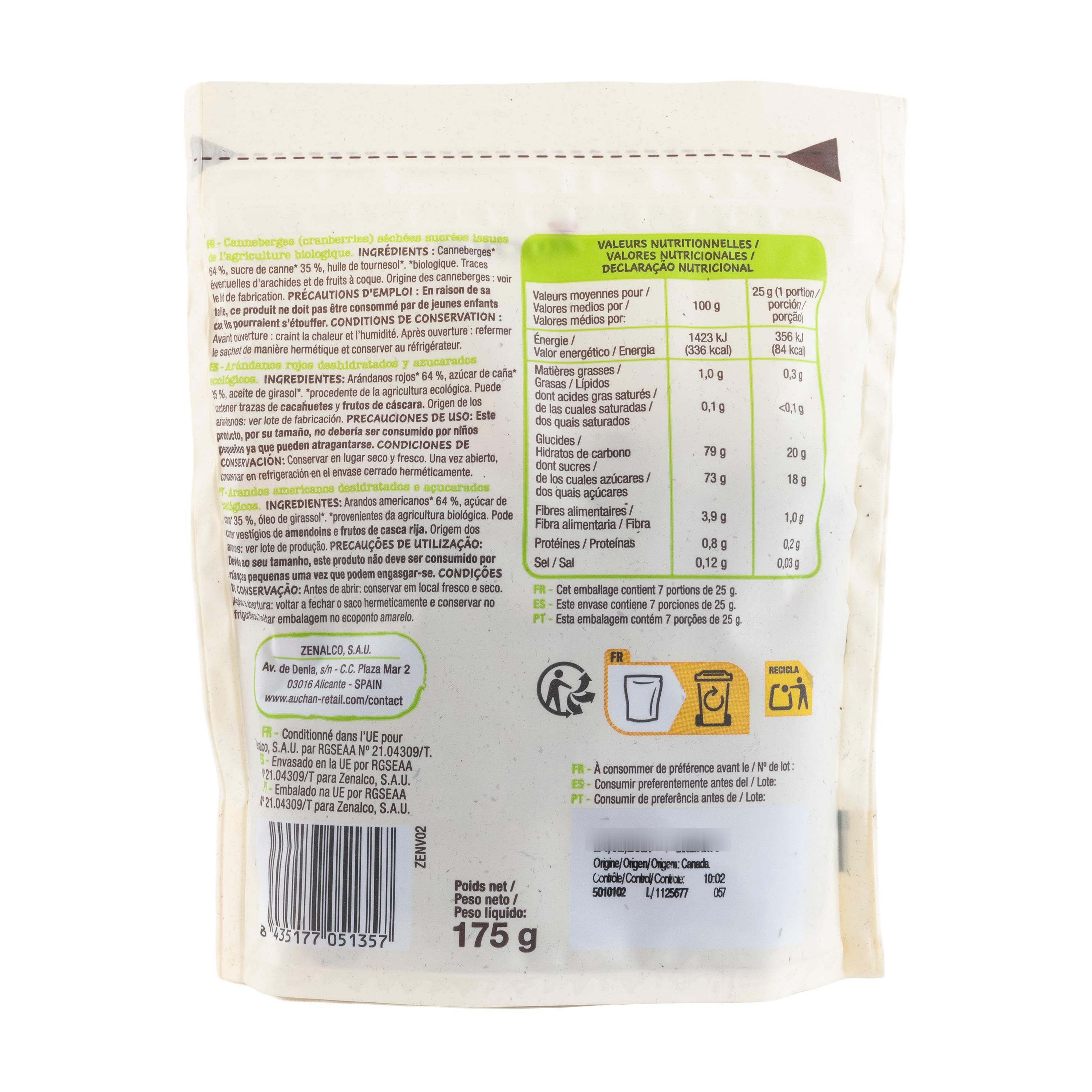 Voir la diapositive 2 : AUCHAN BIO Cranberries séchées 175g