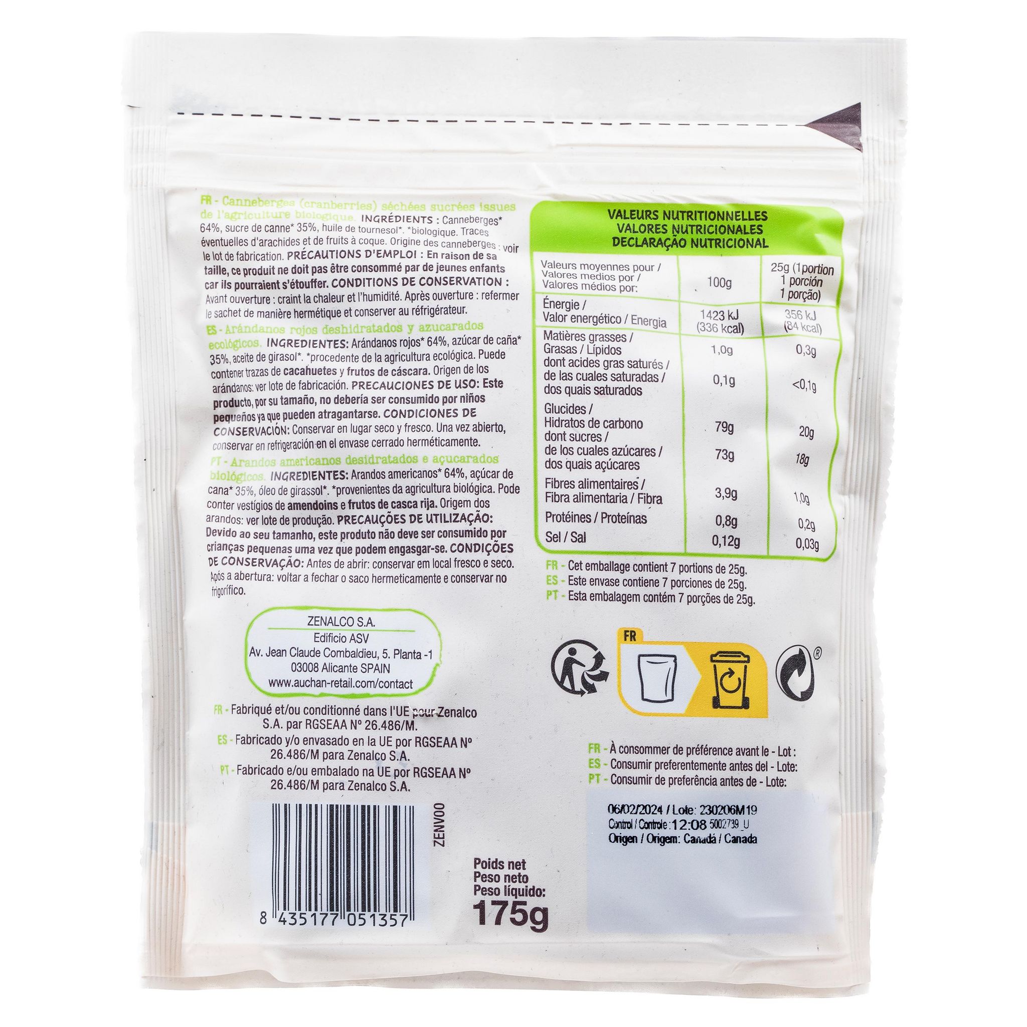 Voir la diapositive 2 : AUCHAN BIO Cranberries séchées 175g