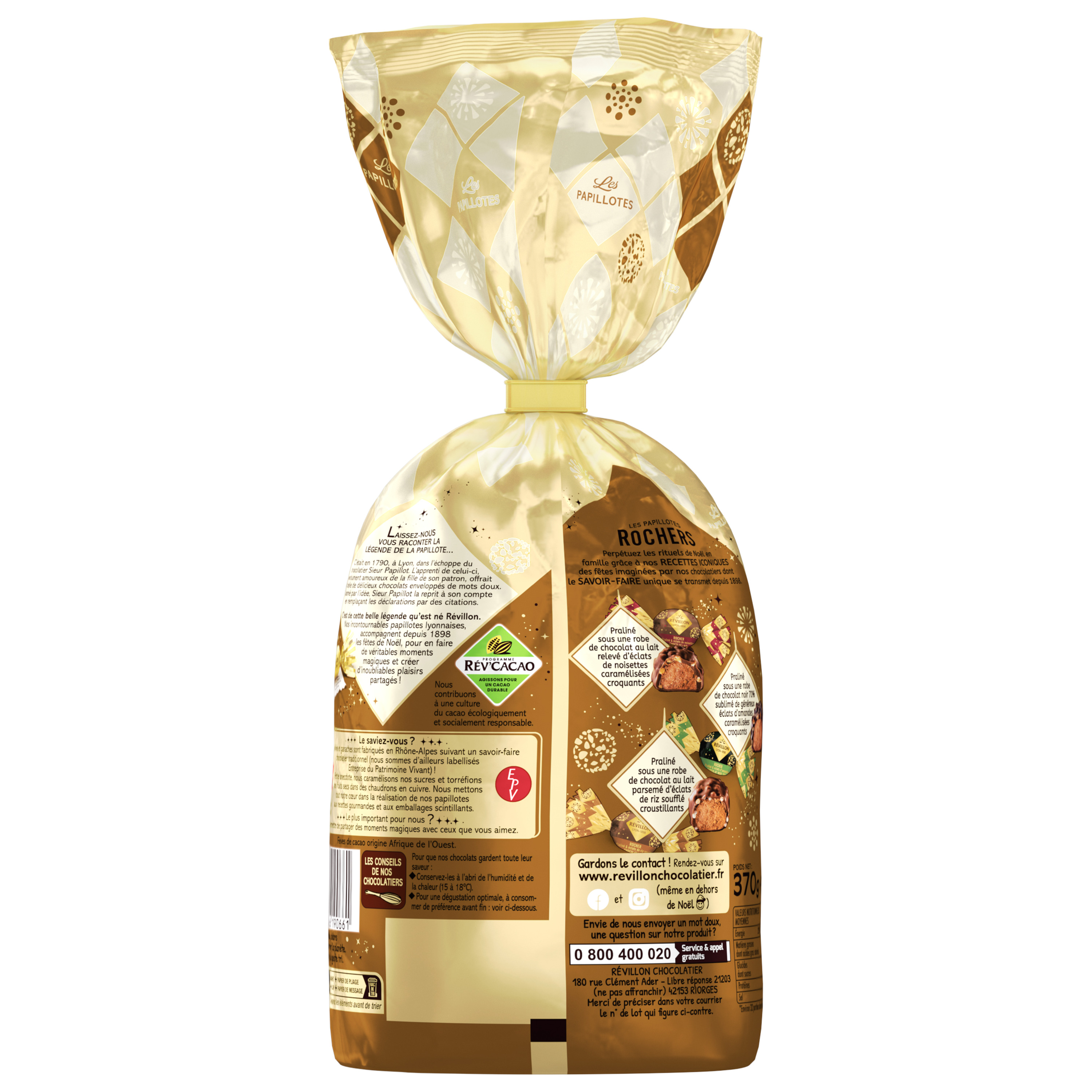 Voir la diapositive 2 : REVILLON CHOCOLATIER Les Papillotes Iconiques assortiment de rochers au chocolat au lait et noir 70% environ 32 rochers 370g