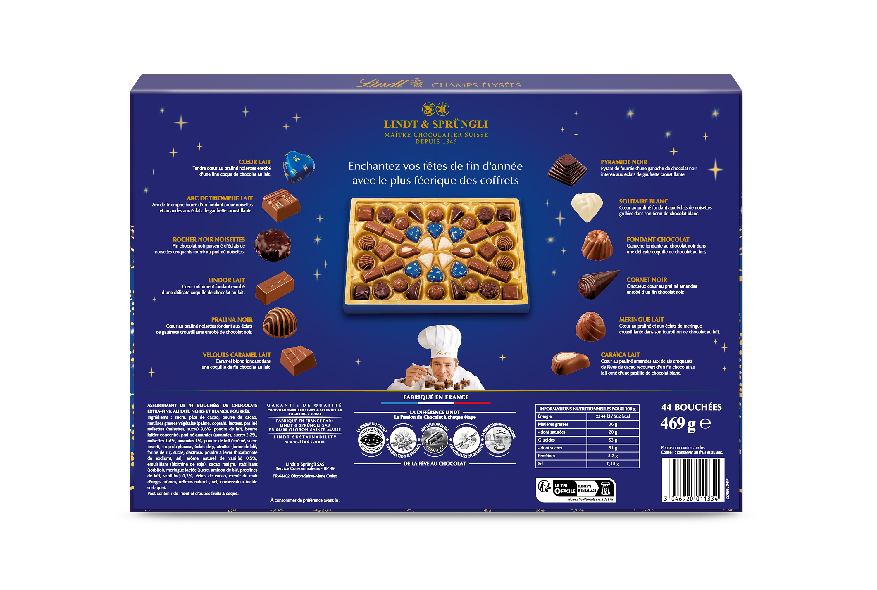 Voir la diapositive 2 : LINDT Champs-Elysées boîte assortiment de bouchées au chocolat lait noir et blanc 44 pièces 469g