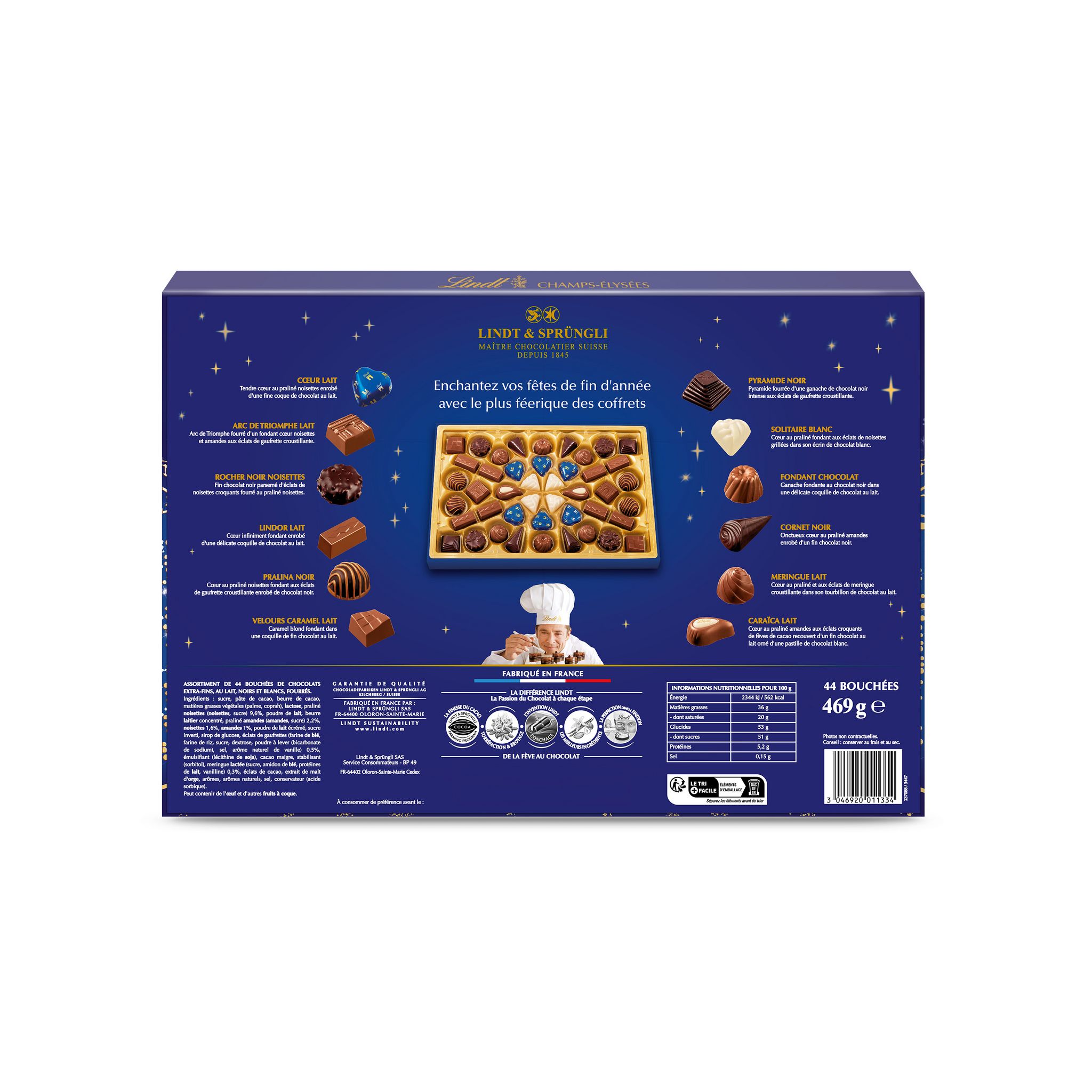 LINDT Champs-Elysées boîte assortiment de bouchées au chocolat lait noir et blanc 44 pièces 469g