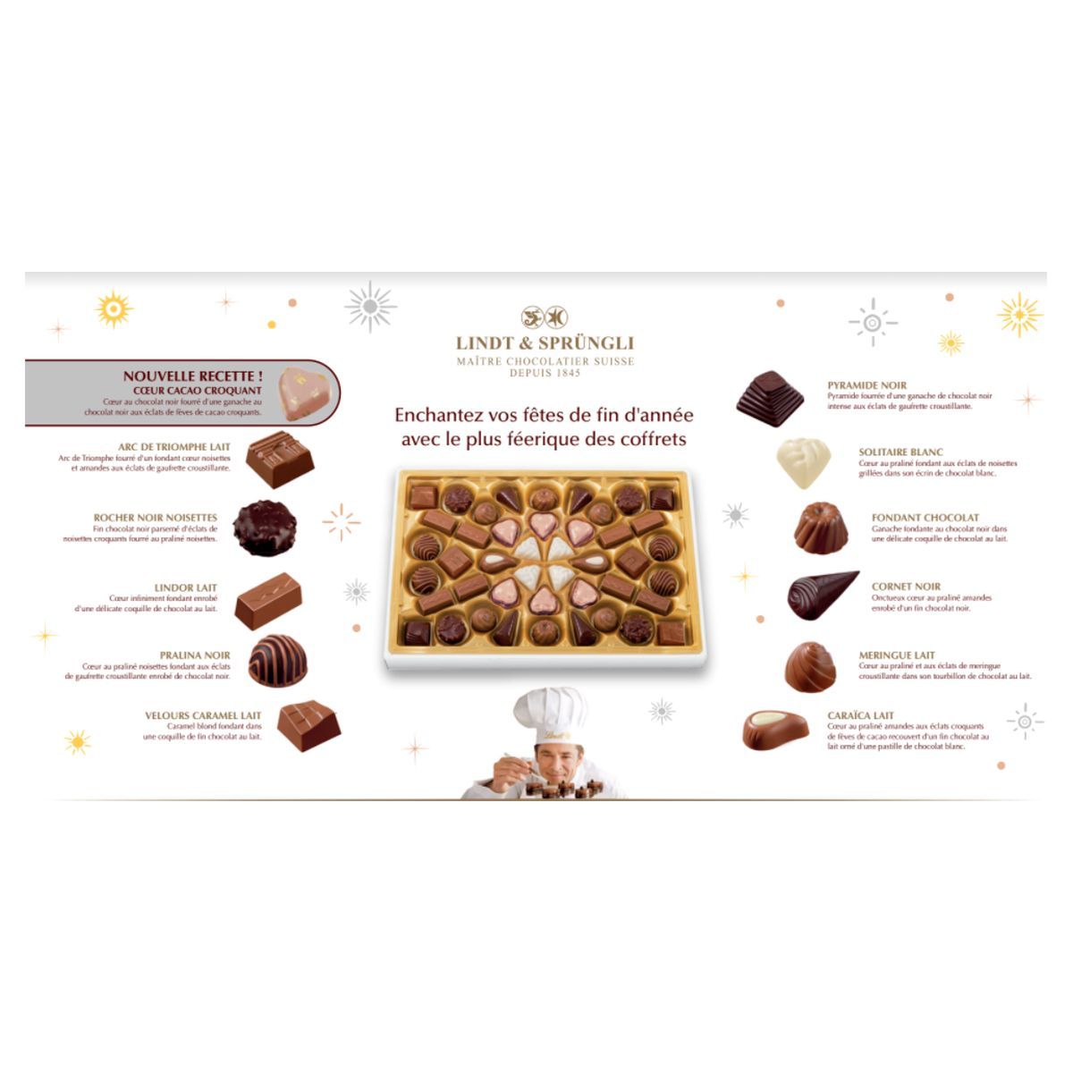 LINDT Champs-Elysées Edition Etoilée boîte assortiment de bouchées au chocolat lait noir et blanc 44 pièces 465g